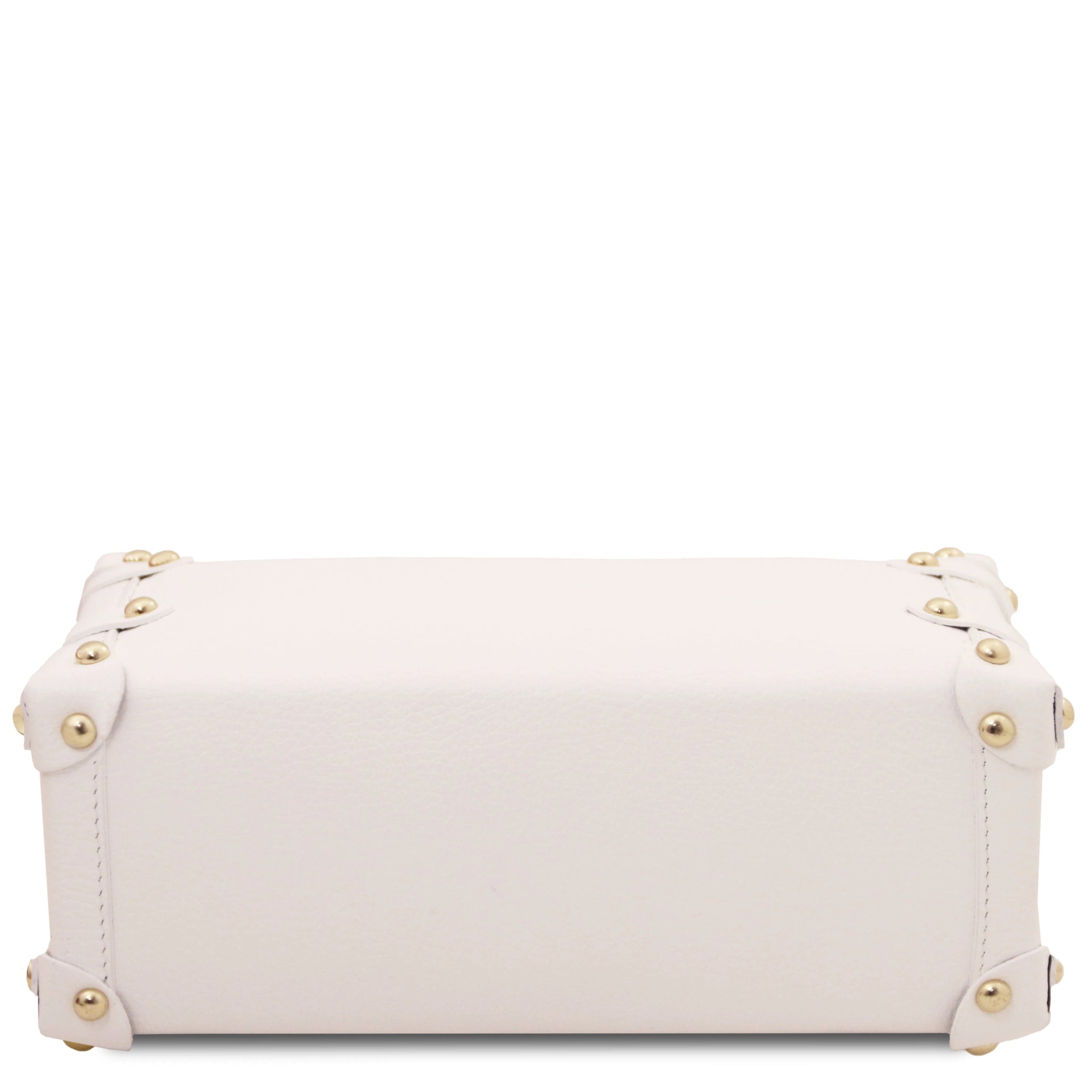 Bottom View Praline Italian Leather Handbag in White showing gold hardware