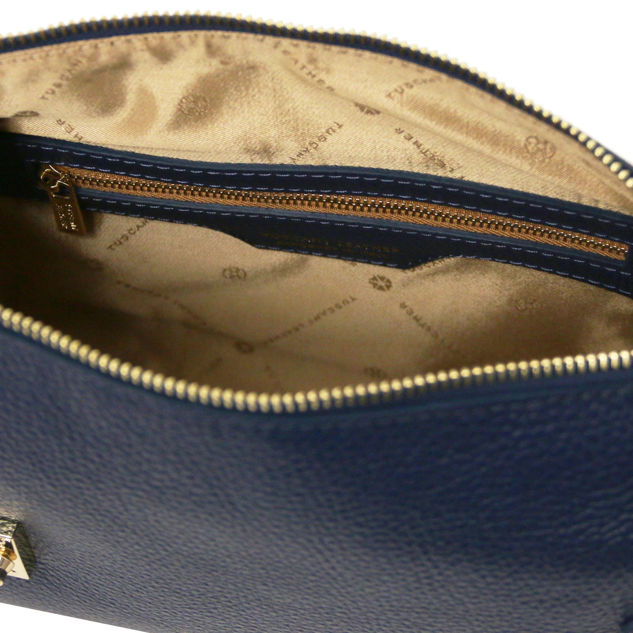Praline Italian Leather Handbag in Dark Blue Interior Zippered Pocket View showing beige lining