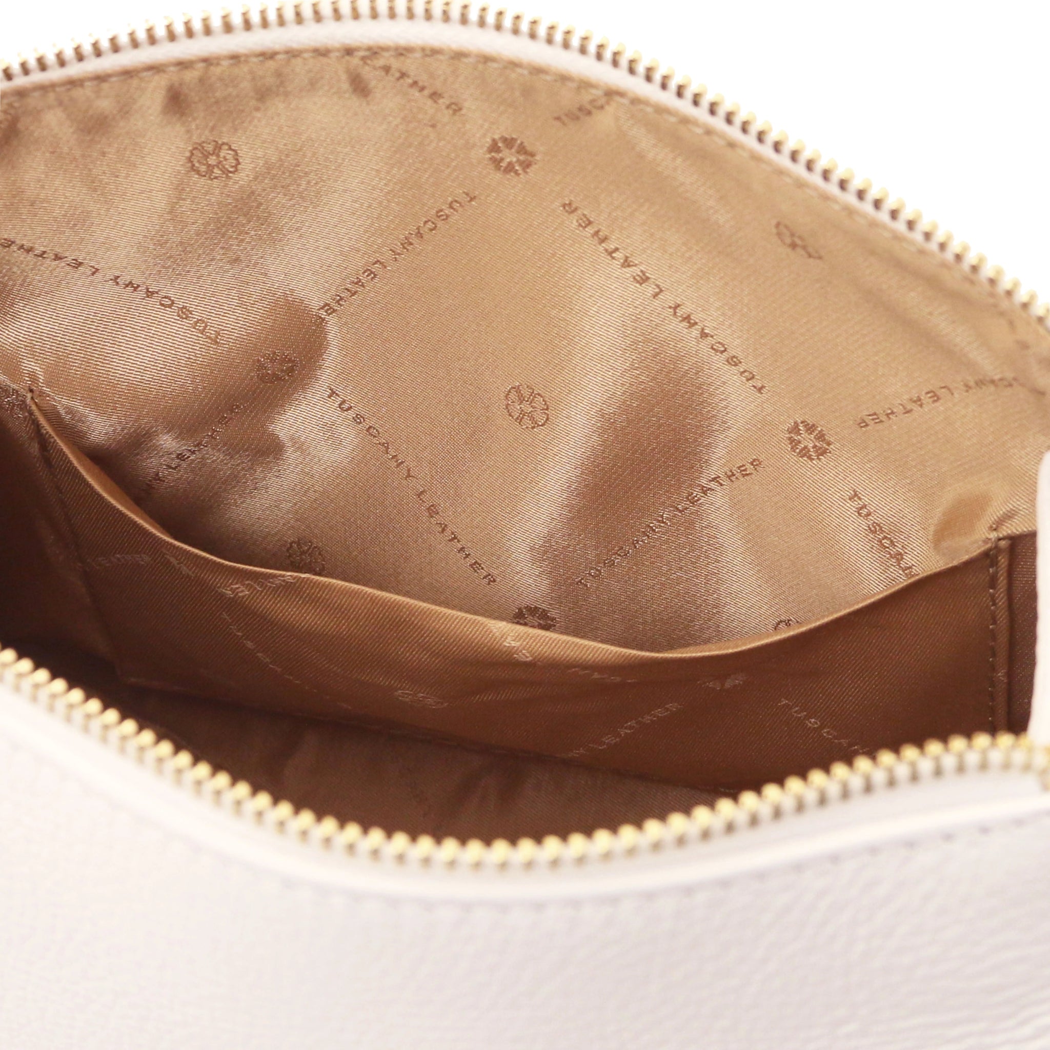 Interior opened pocket view Praline Italian Leather Handbag in White