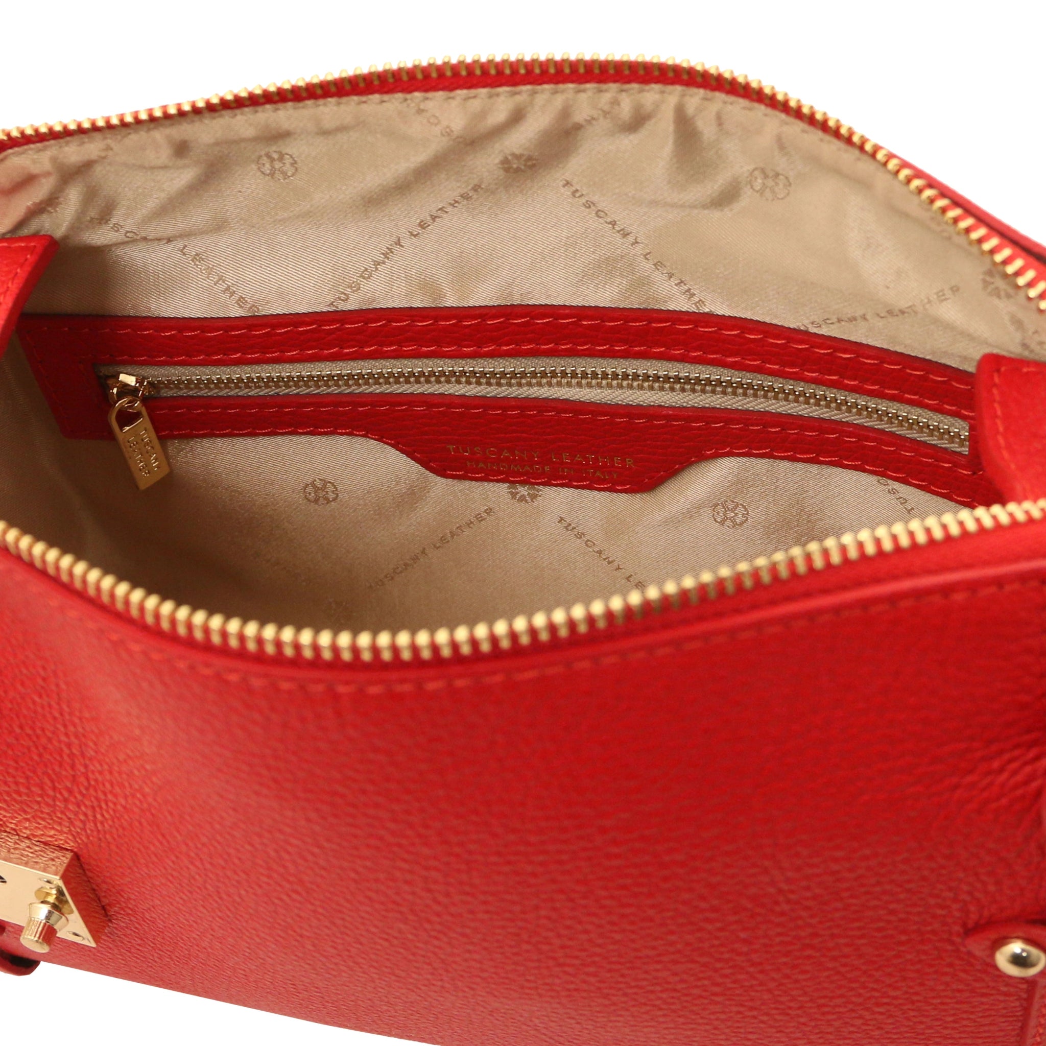 Interior zippered pocket view Praline Italian Leather Handbag in Lipstick Red