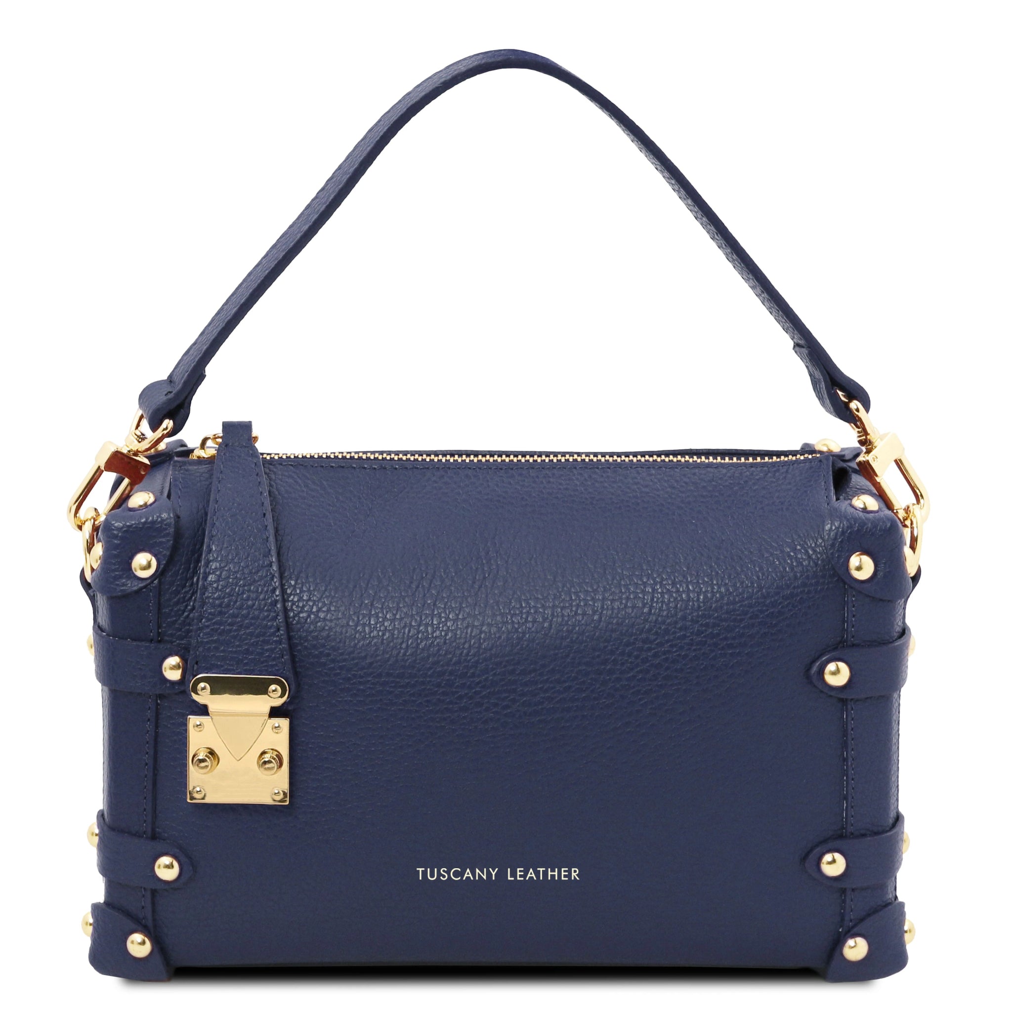 Praline Italian Leather Handbag in Dark Blue Front View showing handle