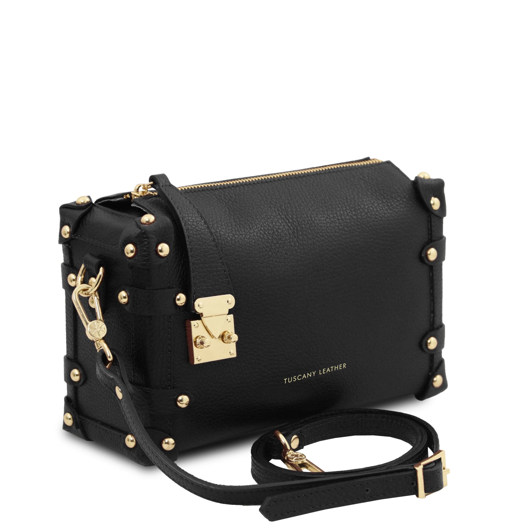 Front Angles View Praline Italian Leather Handbag in Black showing detachable shoulder strap and golden hardware