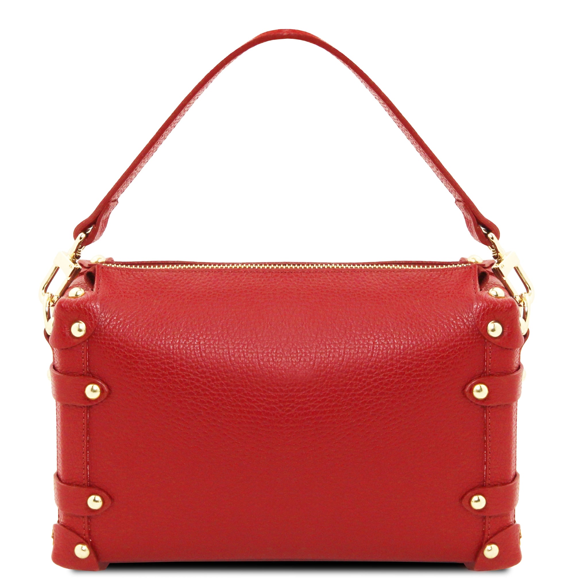 Back View Praline Italian Leather Handbag in Lipstick Red showing gold hardware accents and handle