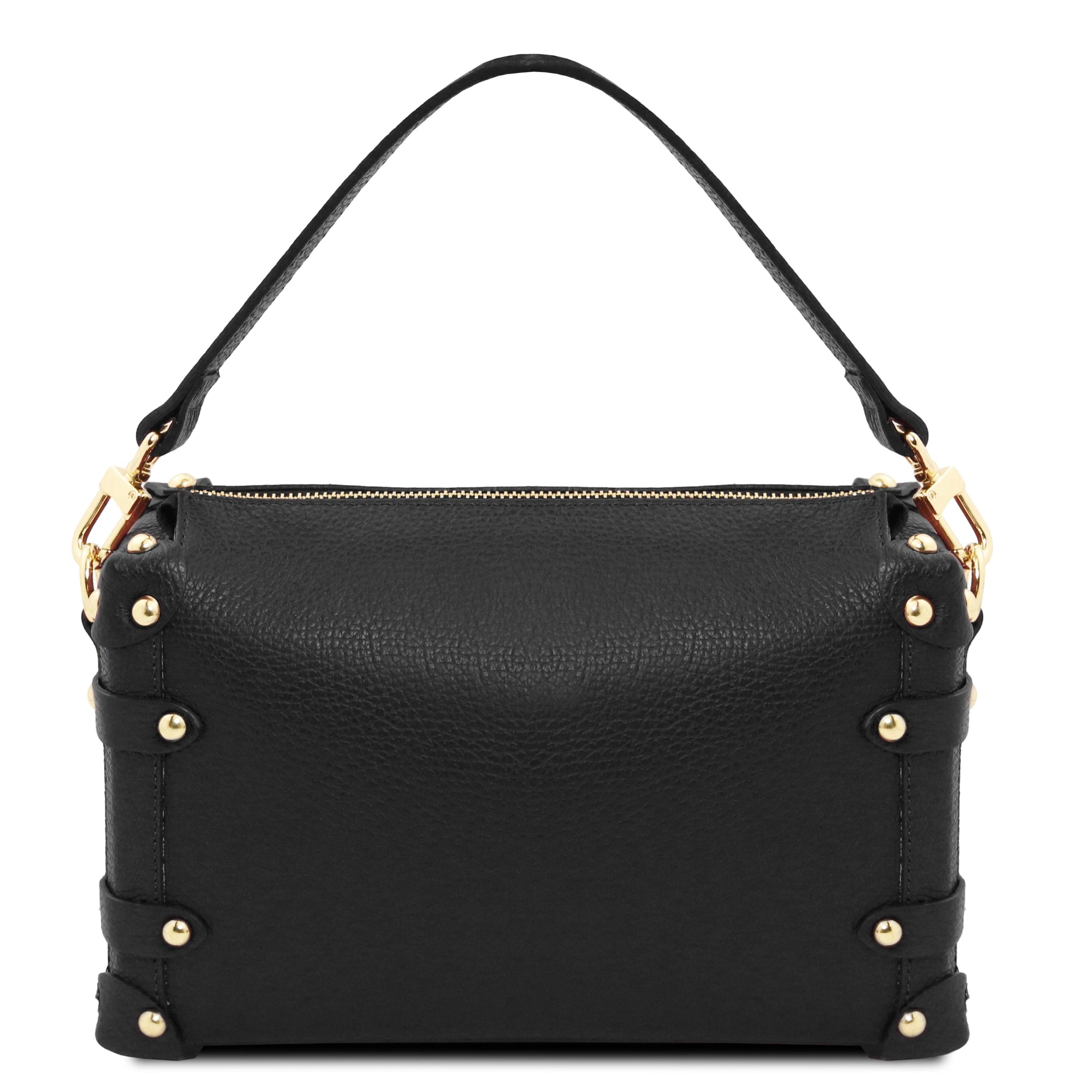 Back View Praline Italian Leather Handbag in Black showing gold hardware accents and handle