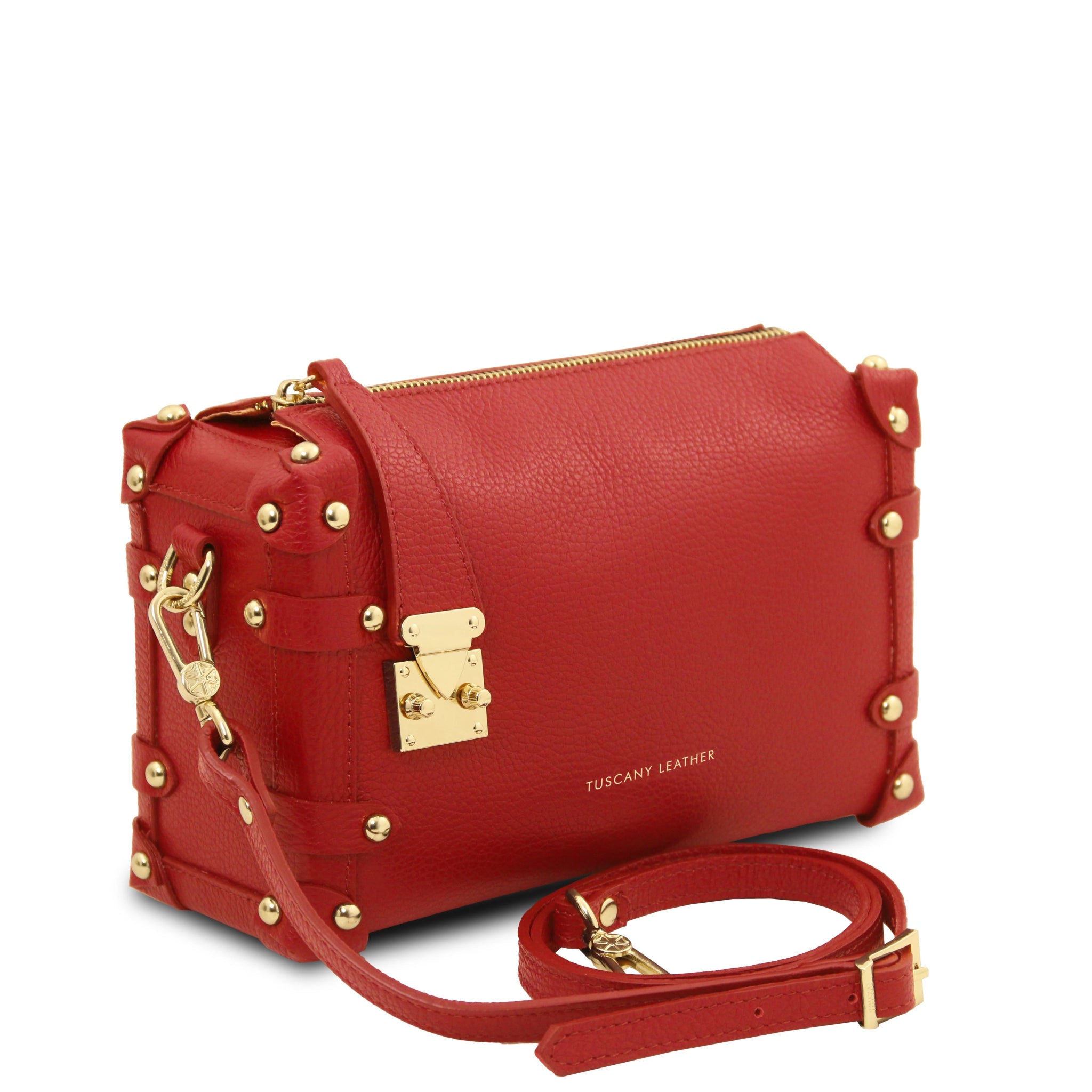 Front Angles View Praline Italian Leather Handbag in Lipstick Red showing detachable shoulder strap and golden hardware