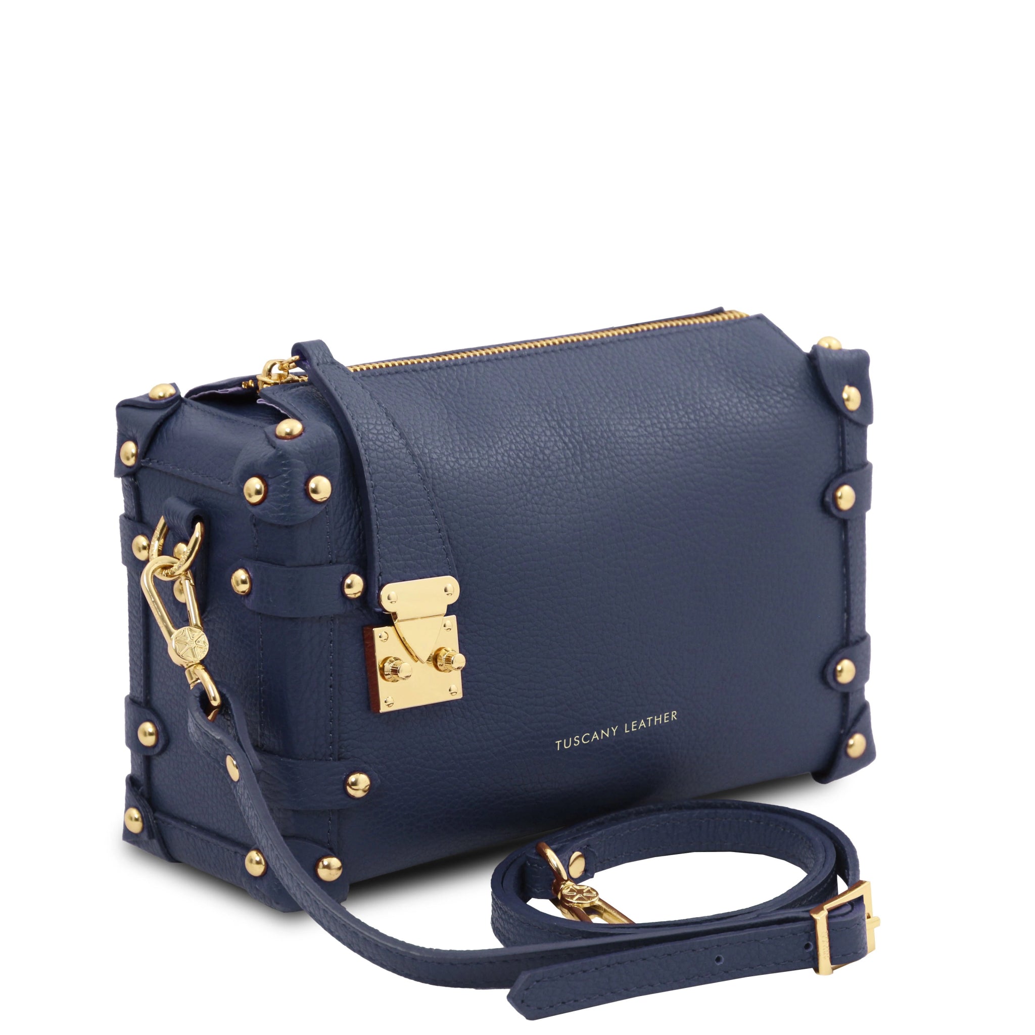Praline Italian Leather Handbag in Dark Blue Front View showing adjustable and detachable shoulder strap