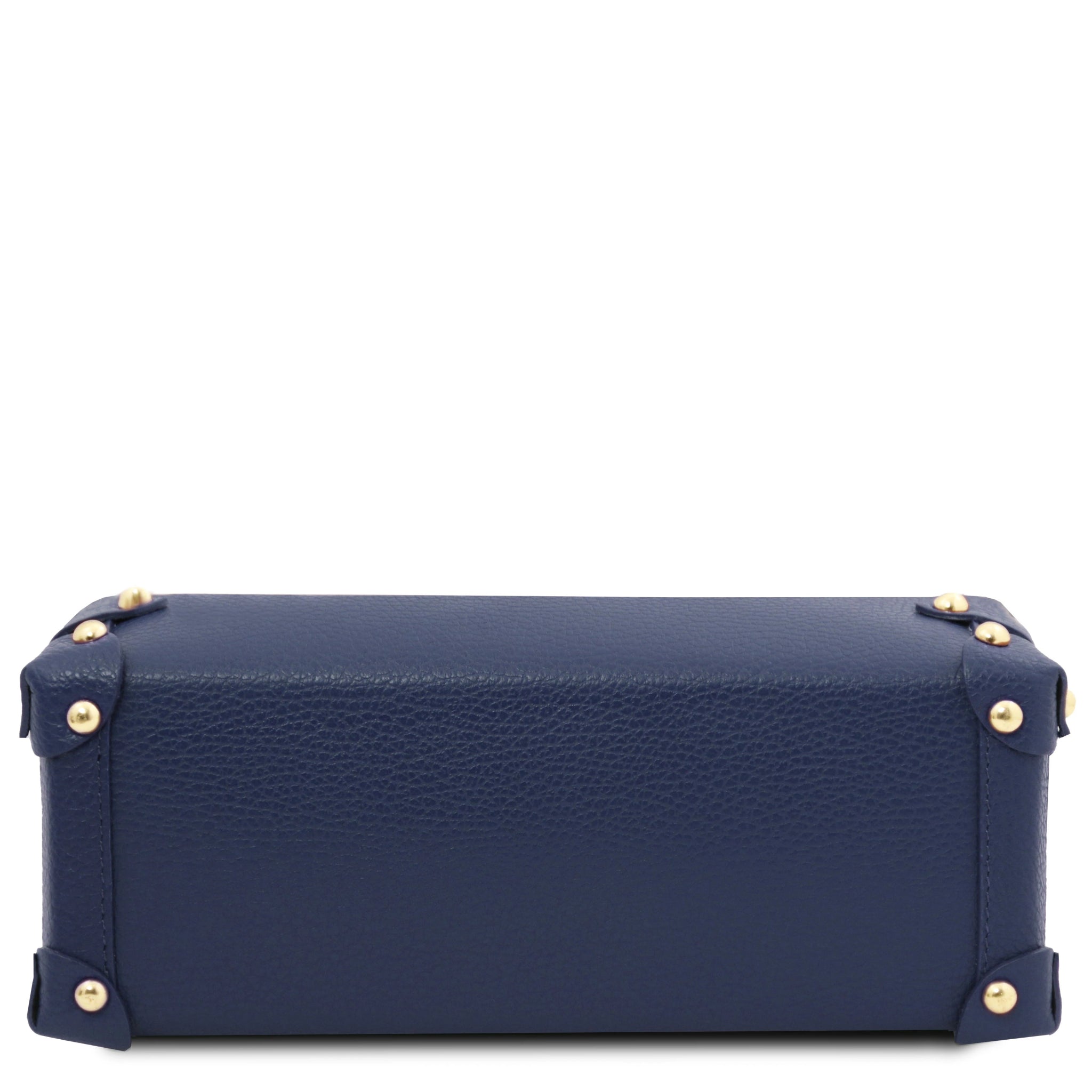 Praline Italian Leather Handbag in Dark Blue Bottom View showing four gold tone protective feet