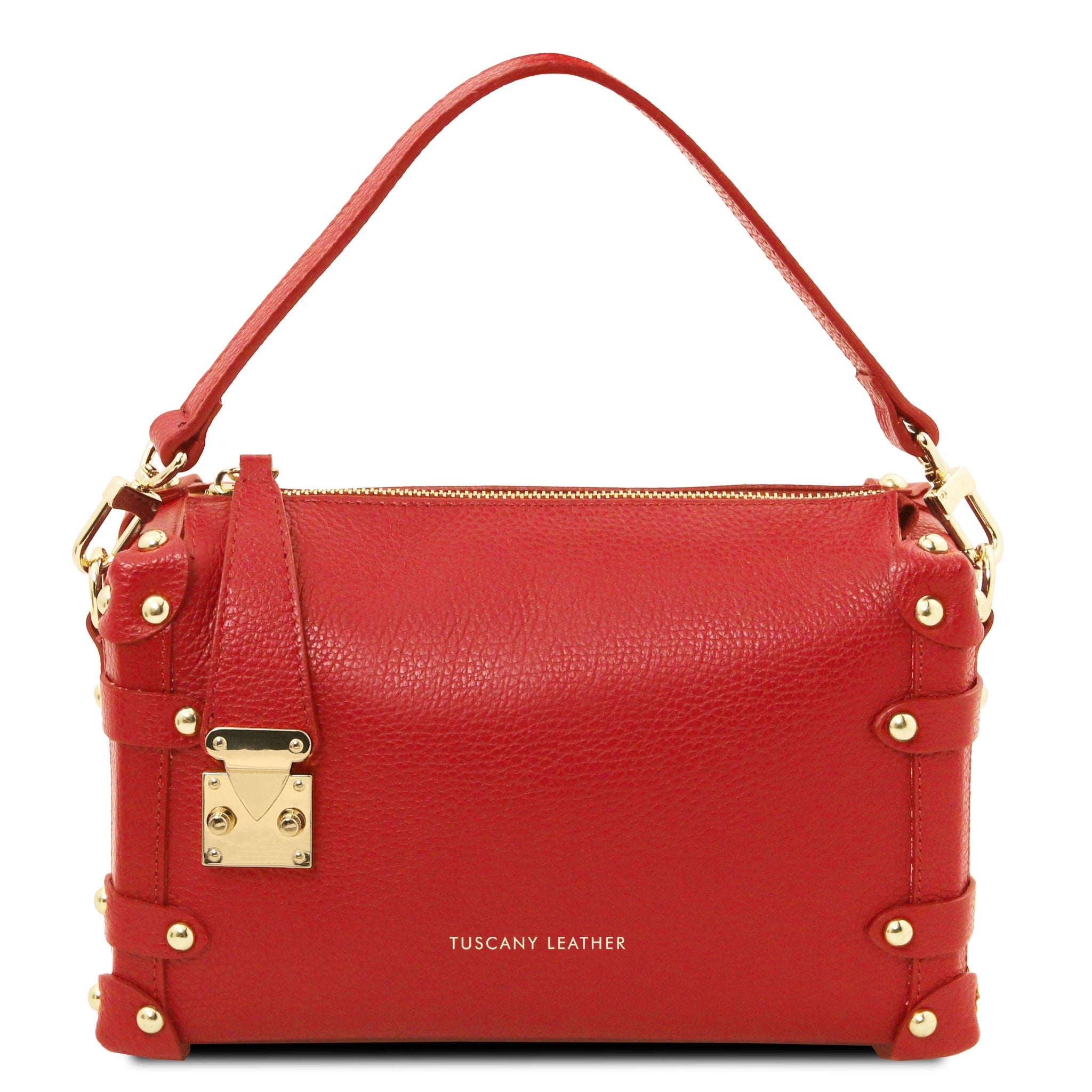 Front View Praline Italian Leather Handbag in  Lipstick Red showing gold hardware accents and handle