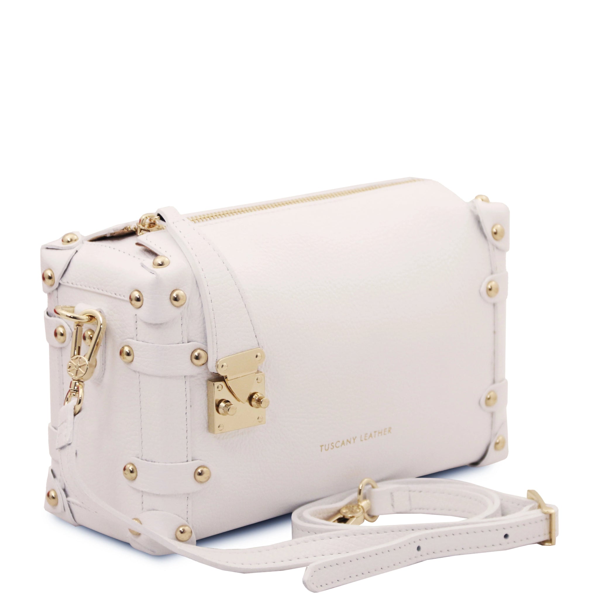 Front Angles View Praline Italian Leather Handbag in White showing detachable shoulder strap and golden hardware