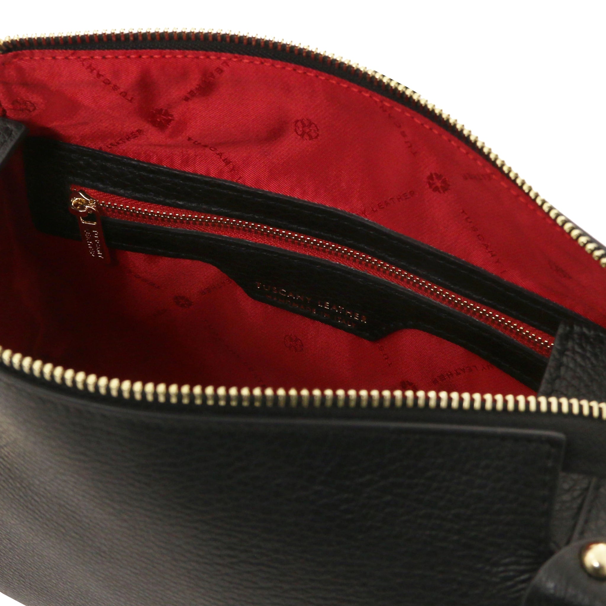 Interior zippered pocket view Praline Italian Leather Handbag in Black