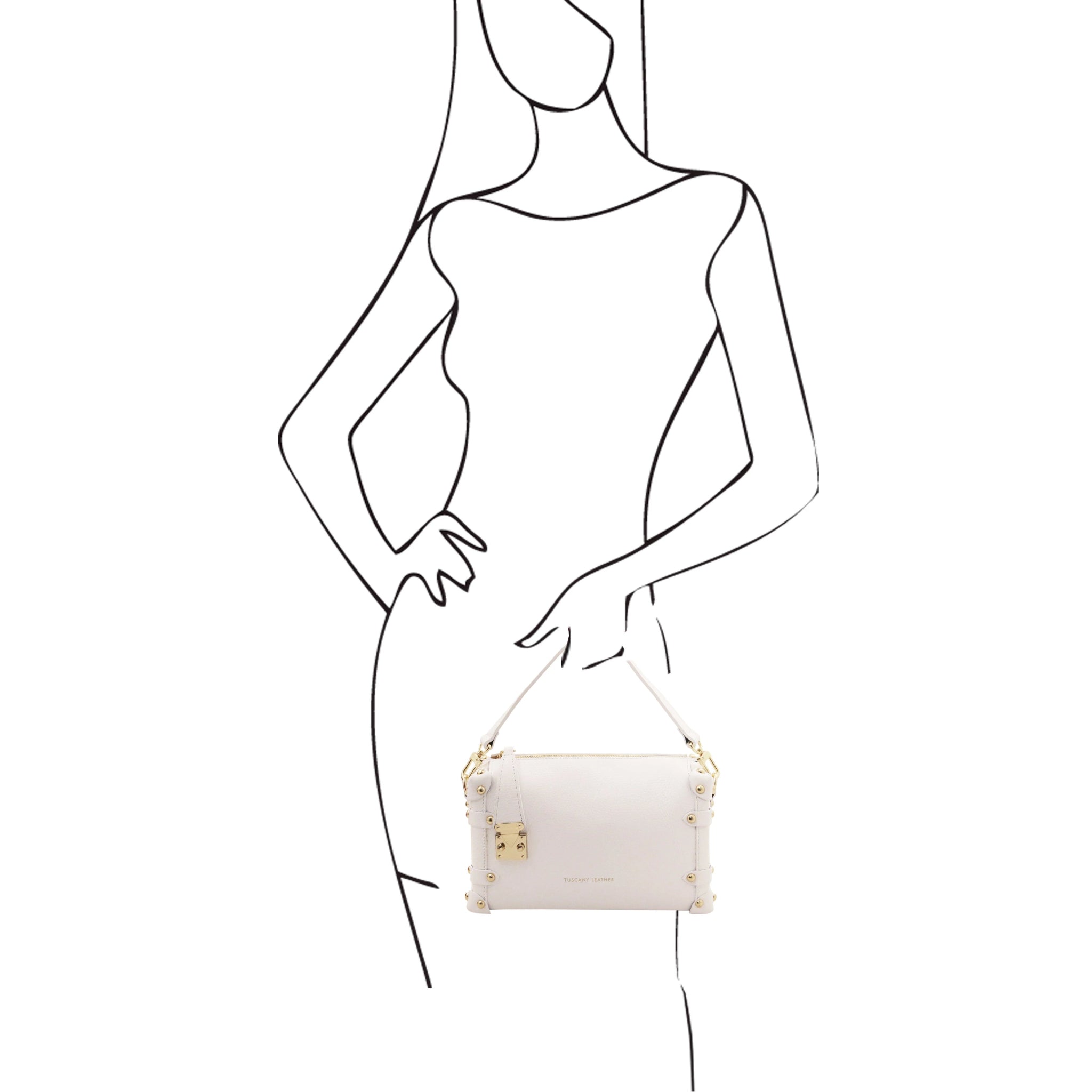 A black and white sketch of a woman holding the Praline Italian Leather Bag in White