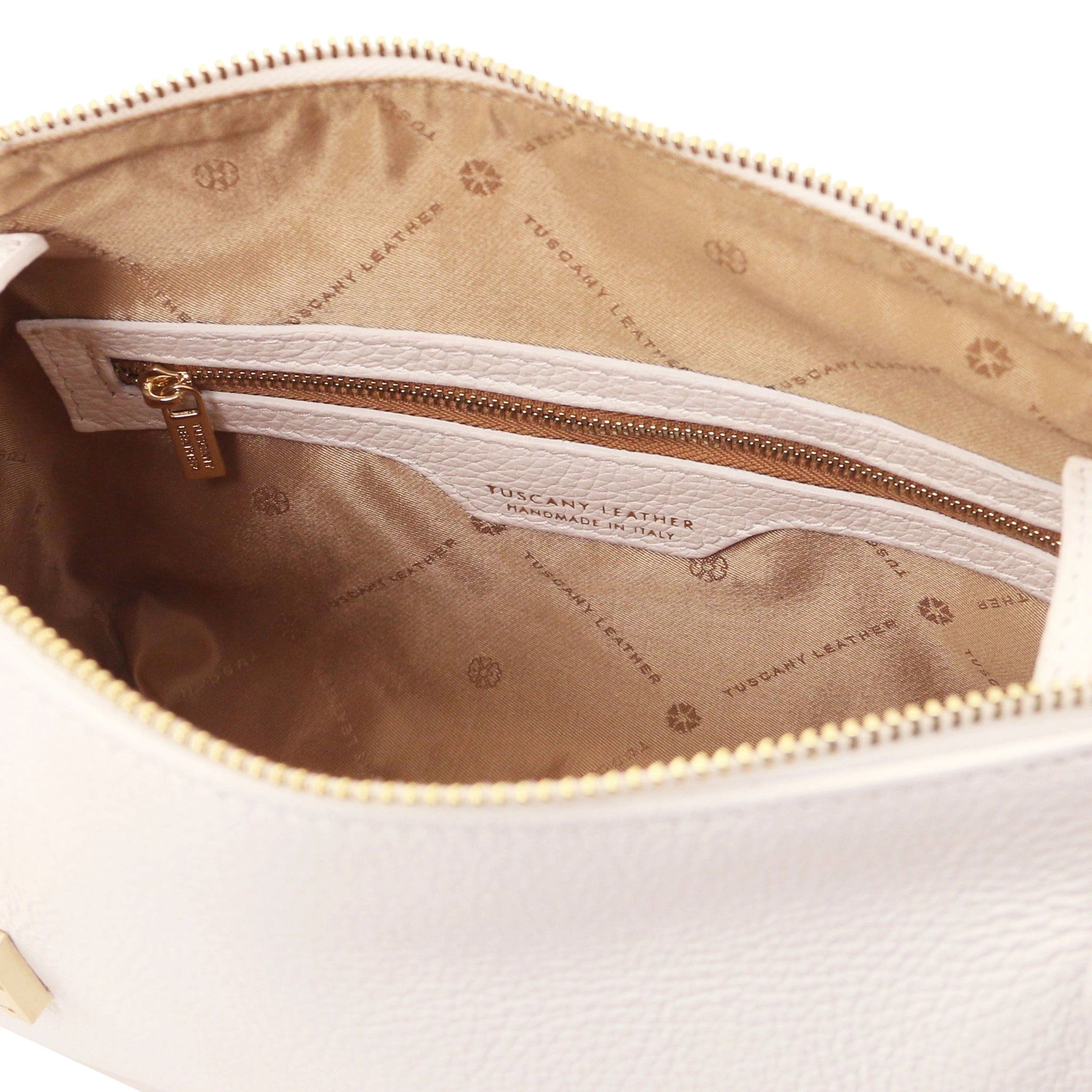 Interior zippered pocket view Praline Italian Leather Handbag in White