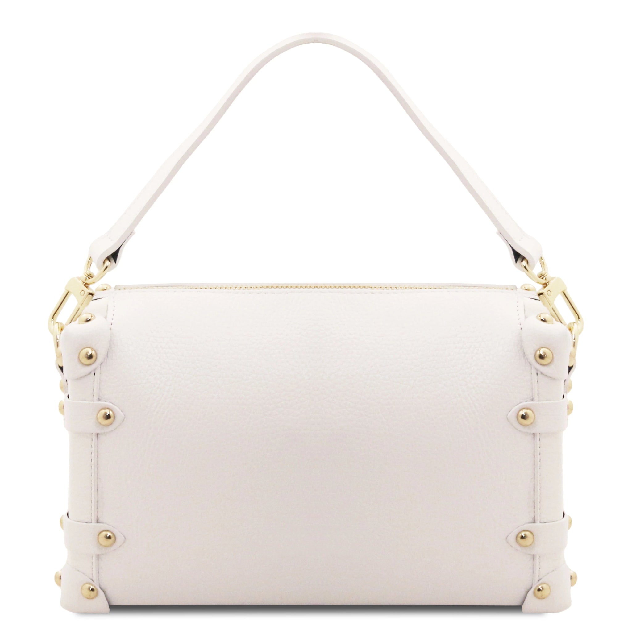 Back View Praline Italian Leather Handbag in White showing gold hardware accents and handle