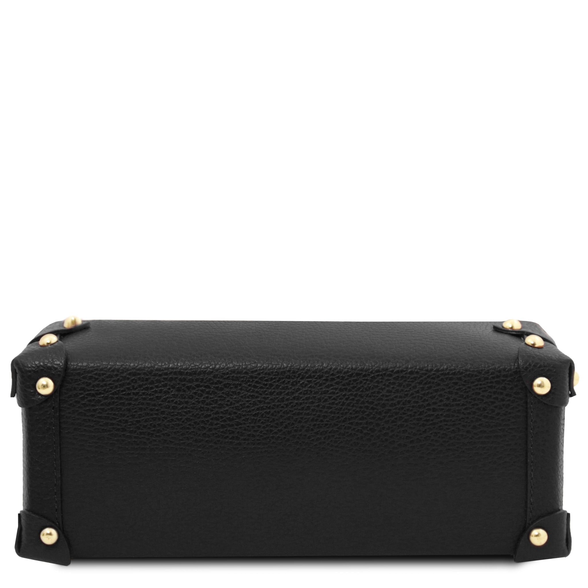 Bottom View Praline Italian Leather Handbag in Black showing gold hardware