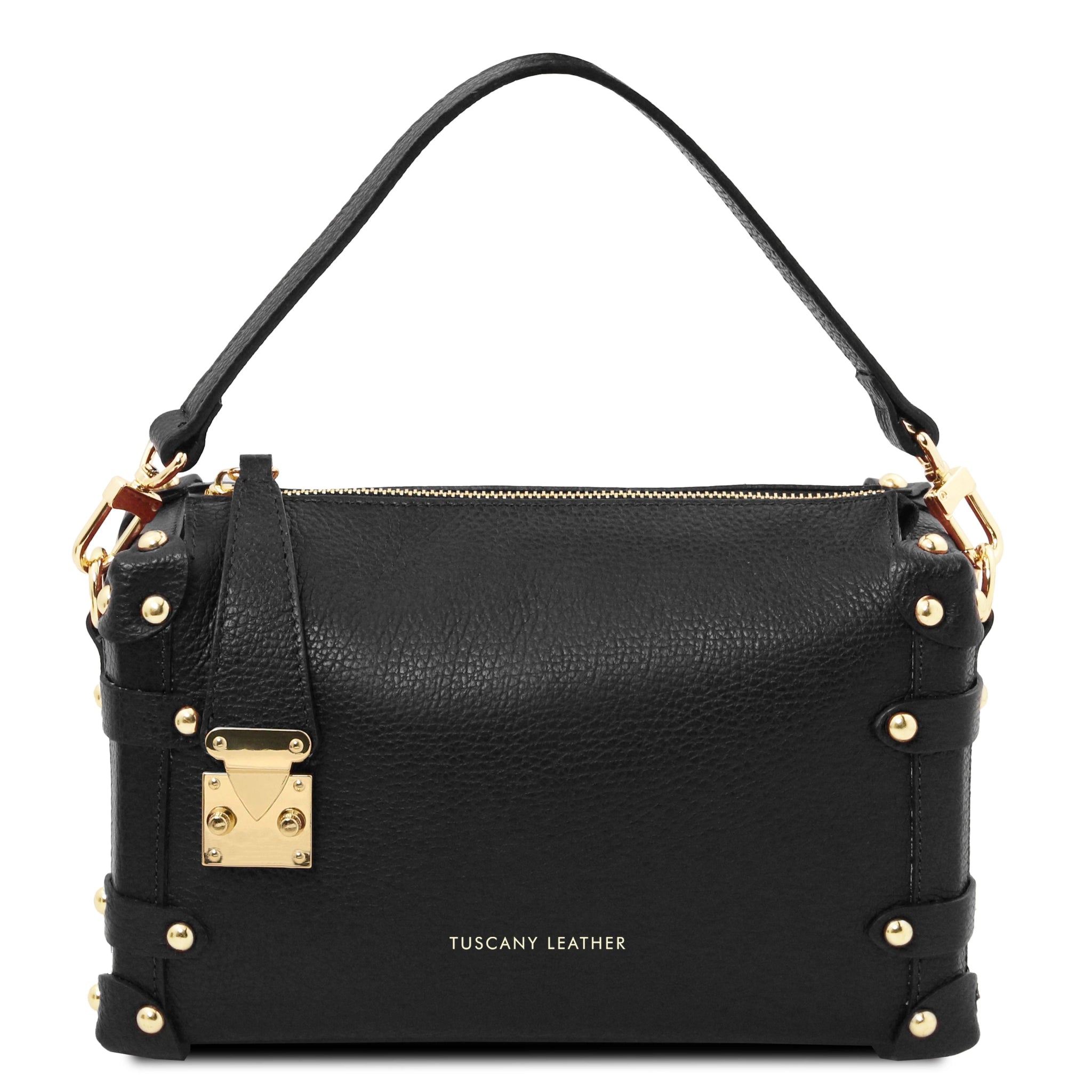 Front View Praline Italian Leather Handbag in Black showing gold hardware accents and handle