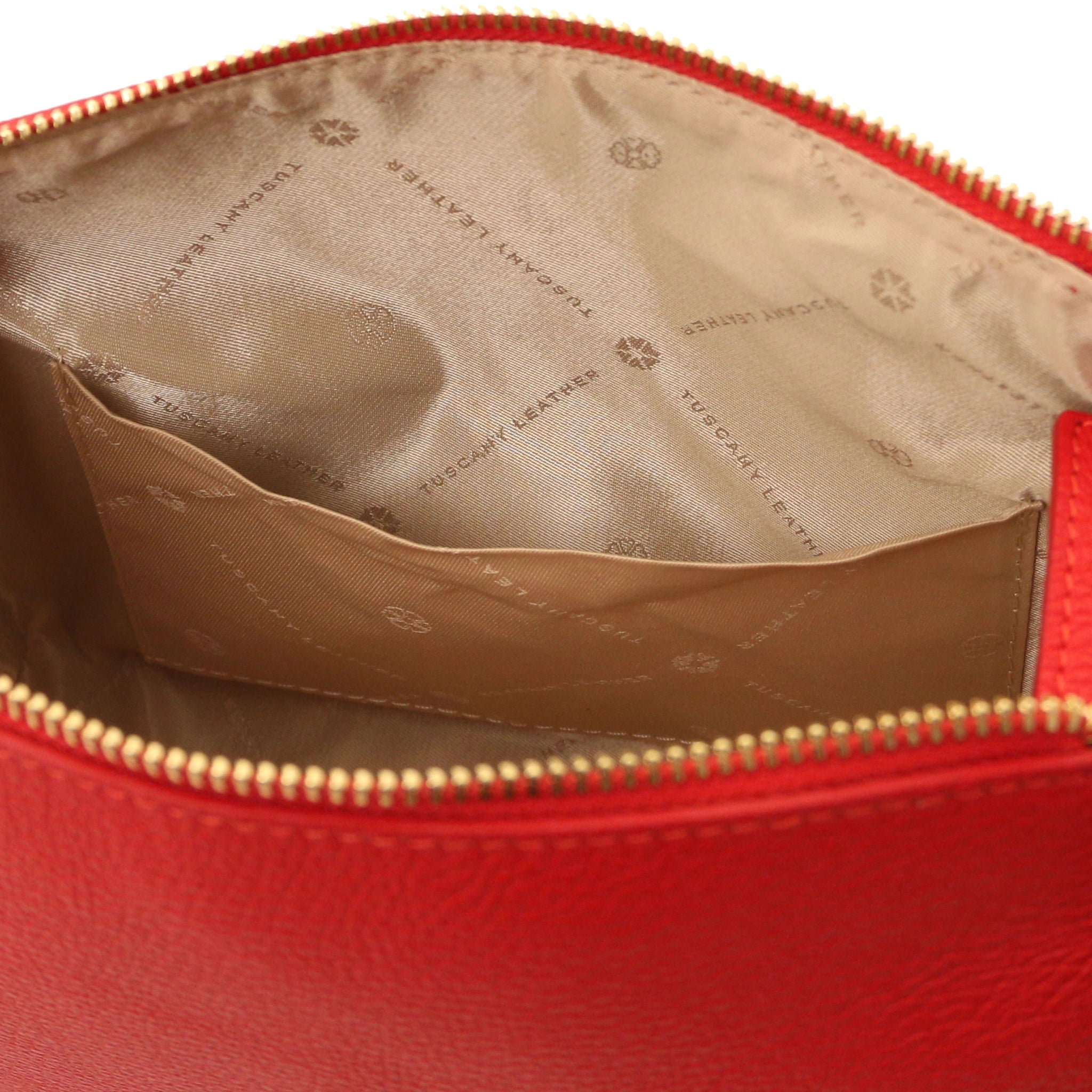 Interior opened pocket view Praline Italian Leather Handbag in Lipstick Red