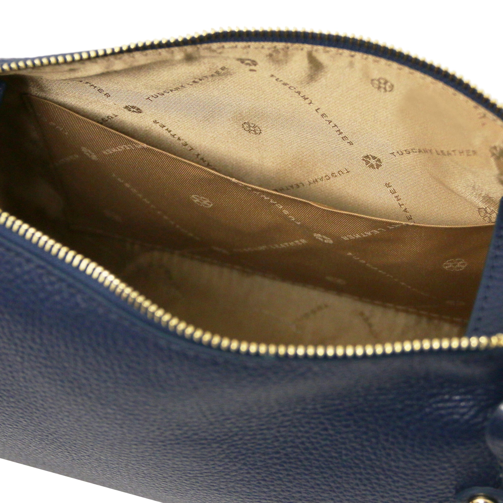 Praline Italian Leather Handbag in Dark Blue Interior Opened Pocket View showing beige lining