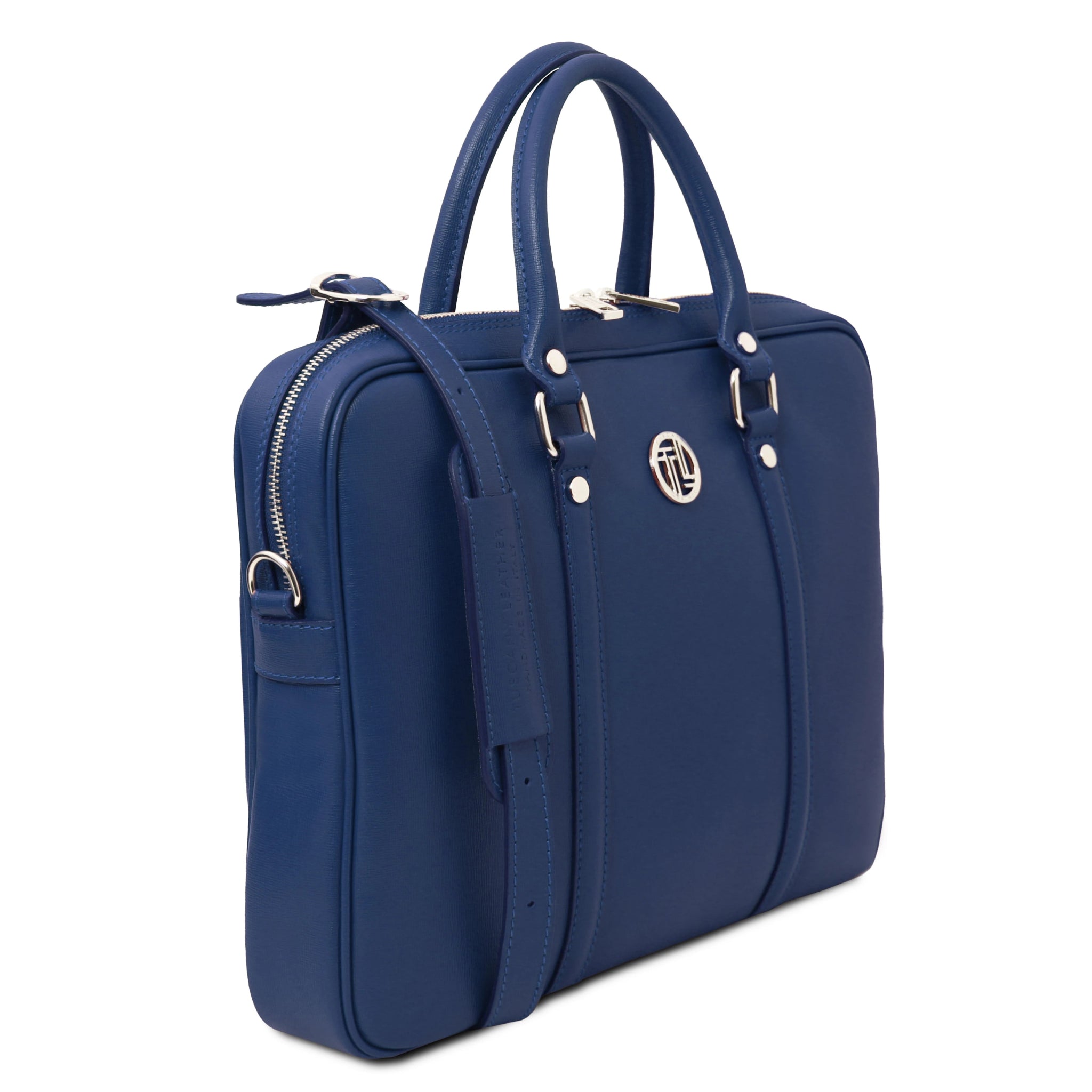 Prato Exclusive Saffiano Leather Laptop Case in dark blue side view with shoulder strap, white background