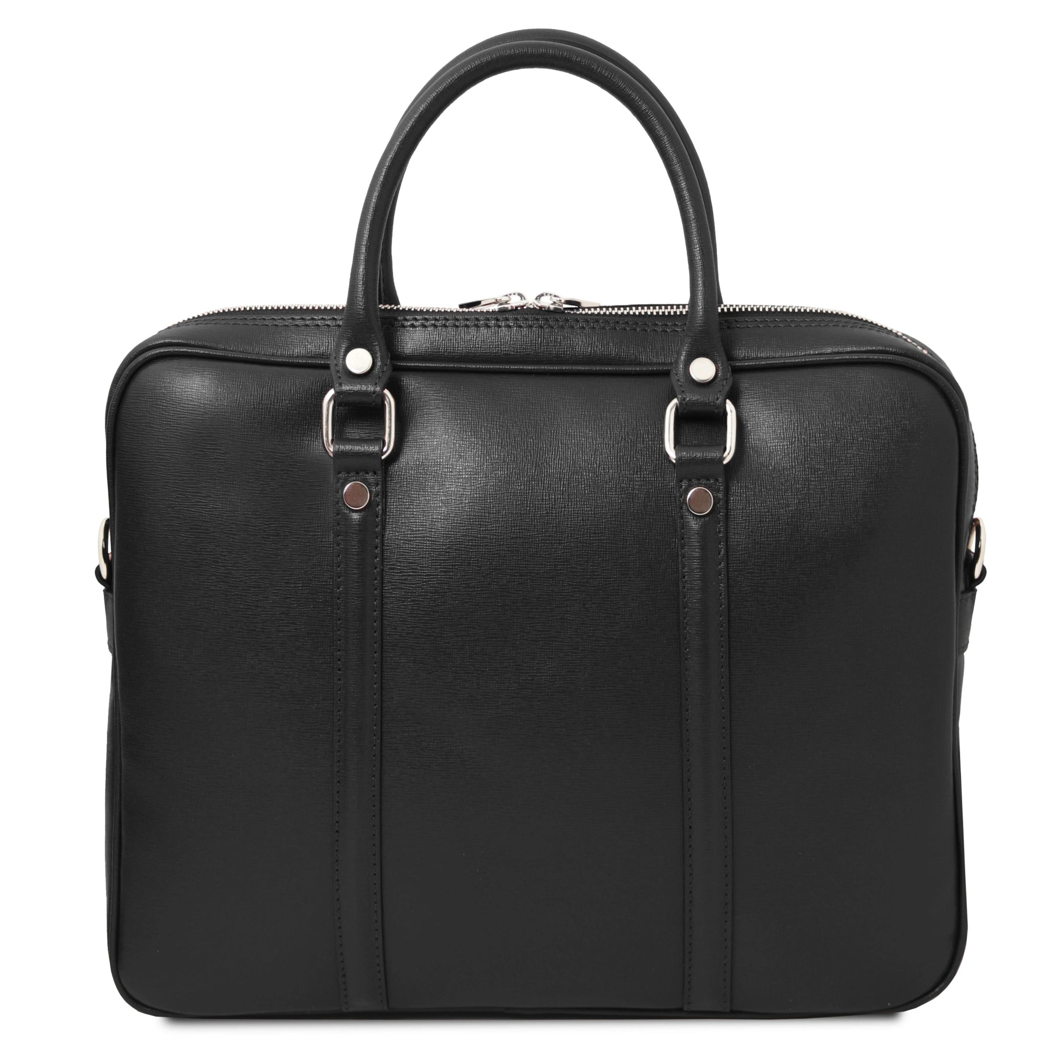 Prato Exclusive Saffiano Leather Laptop Case in black, back view, white background