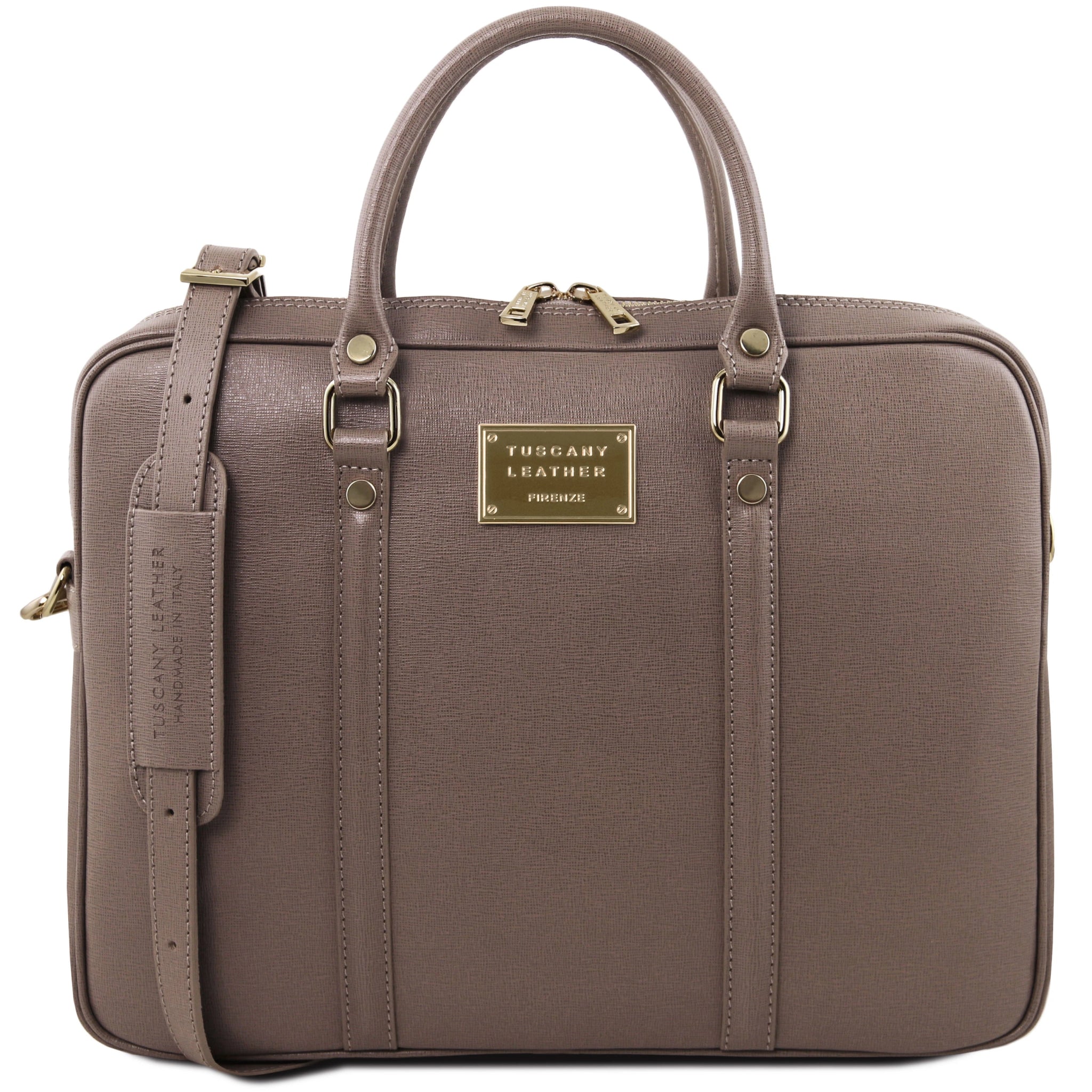Prato Exclusive Saffiano Leather Laptop Case in dark taupe, front view, white background