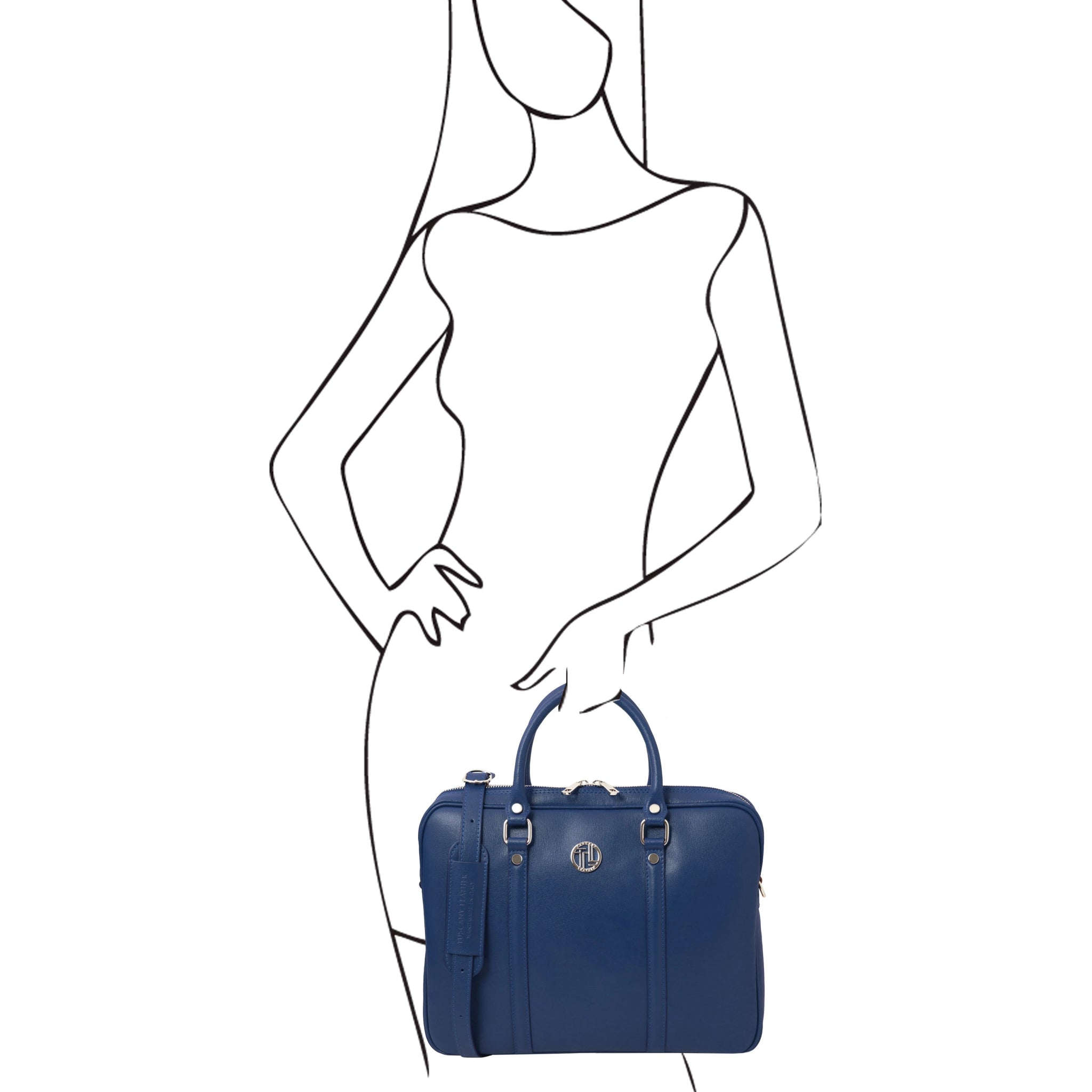 Prato Exclusive Saffiano Leather Laptop Case in dark blue sketch of a model holding bag to shoe scale