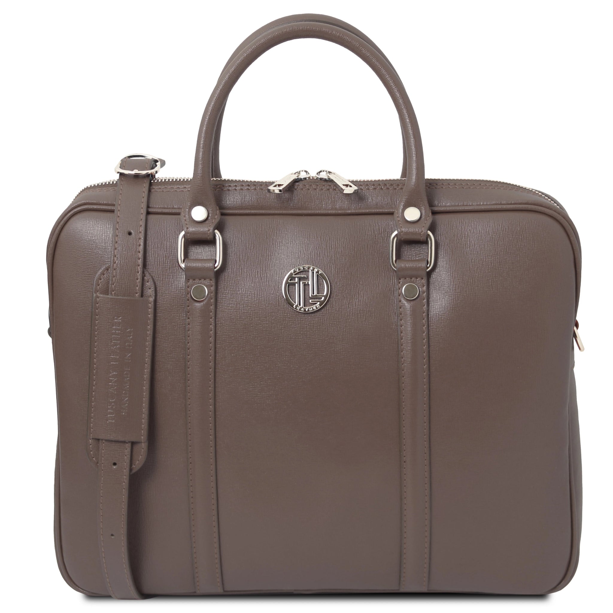 Front view Prato Saffiano Italian Leather Laptop Case in dark taupe