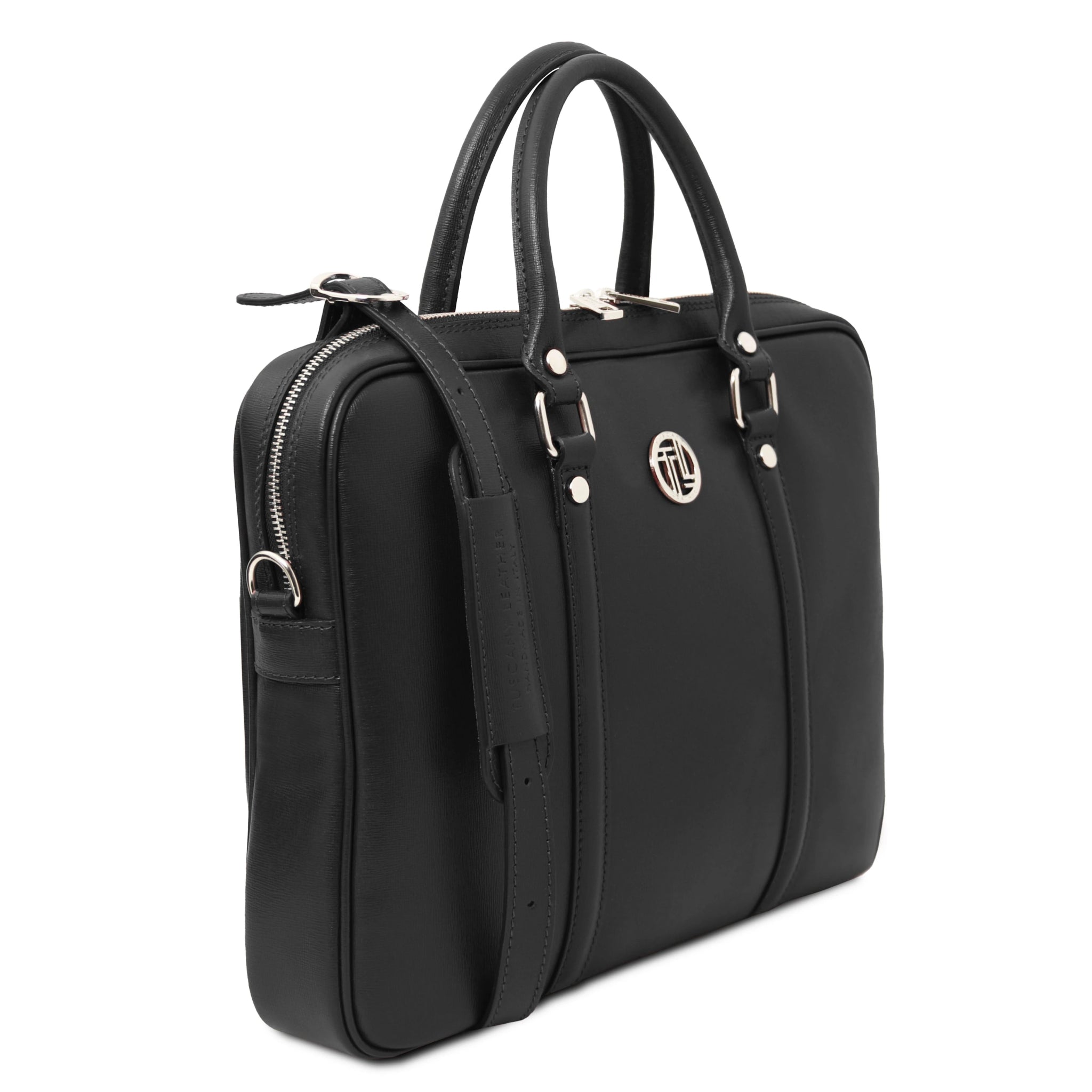 Front angled view Prato Saffiano Italian Leather Laptop Case in black