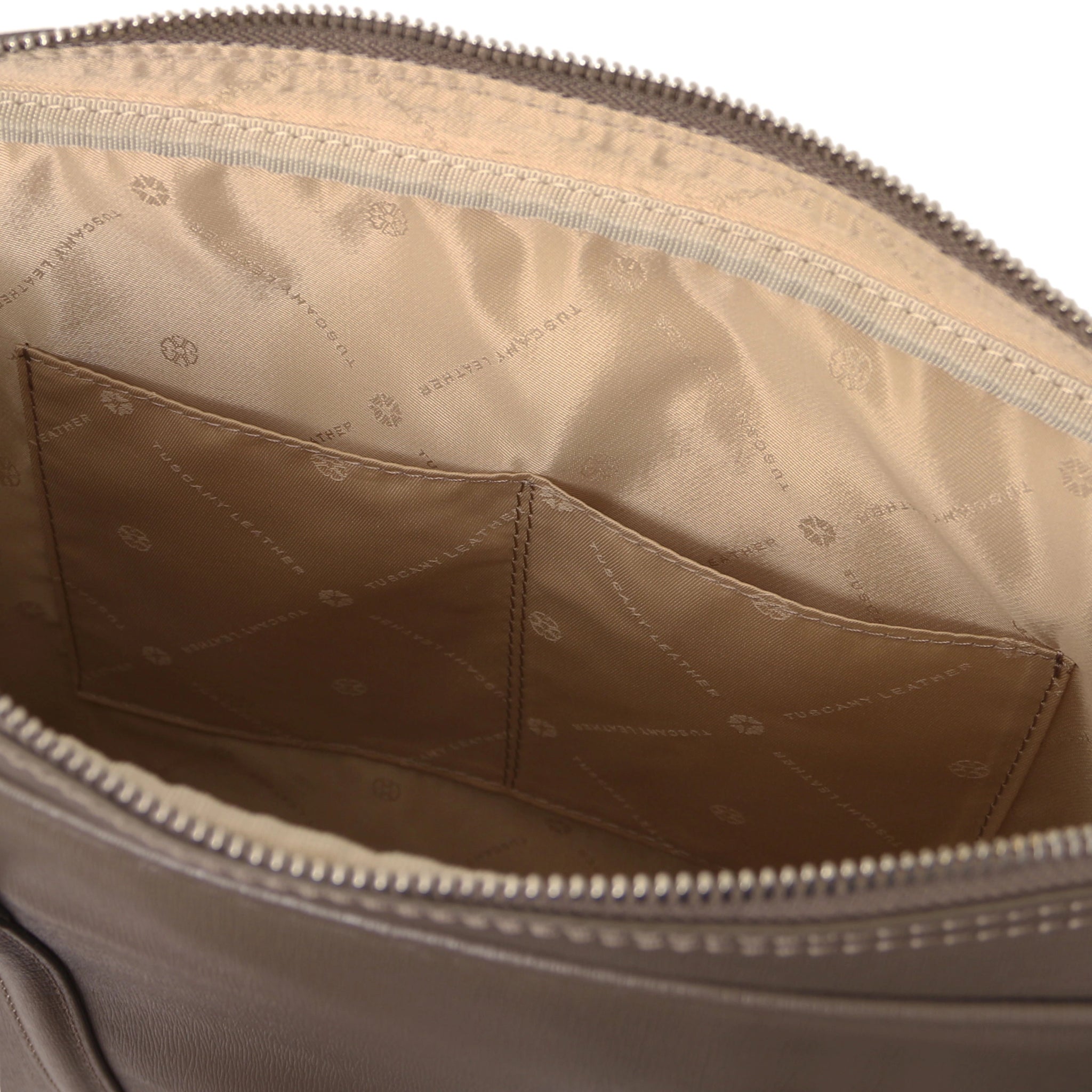 Interior open pocket view Prato Saffiano Italian Leather Laptop Case in dark taupe with beige lining