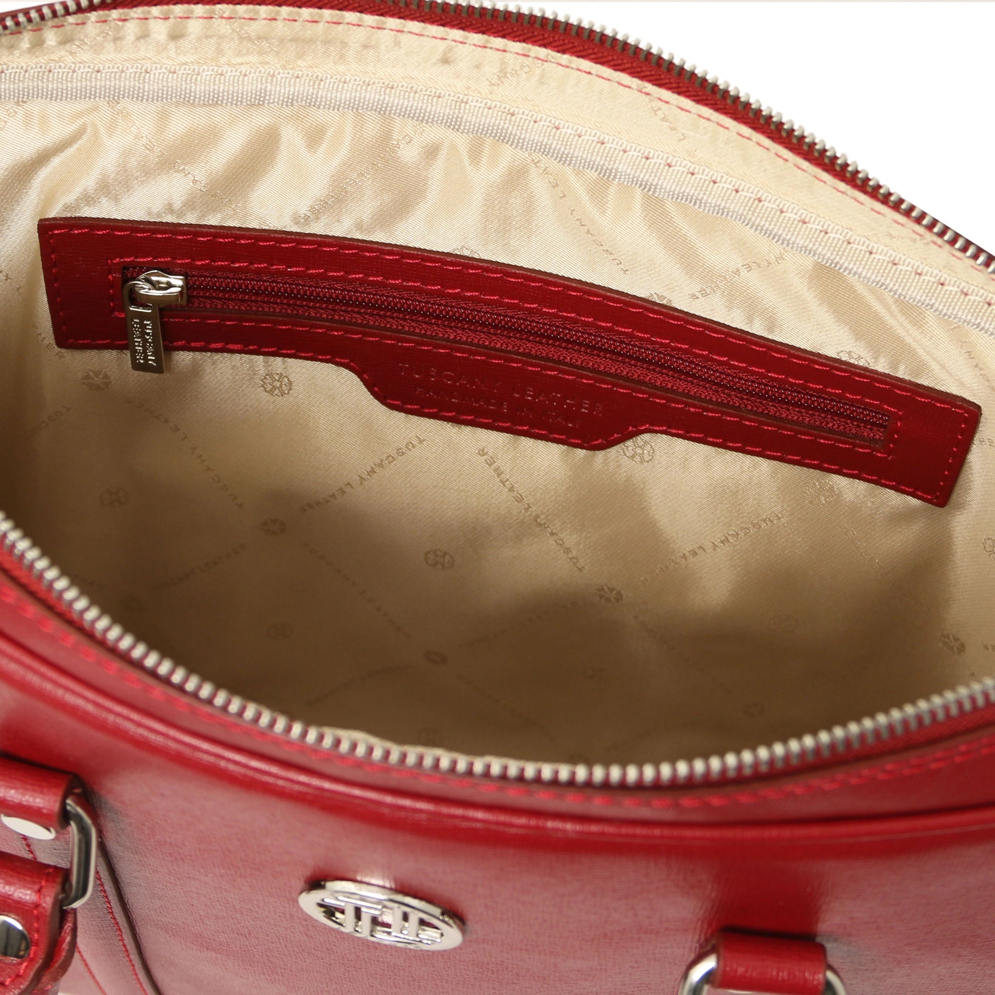 Interior zip pocket view Prato Saffiano Italian Leather Laptop Case in red with red lining