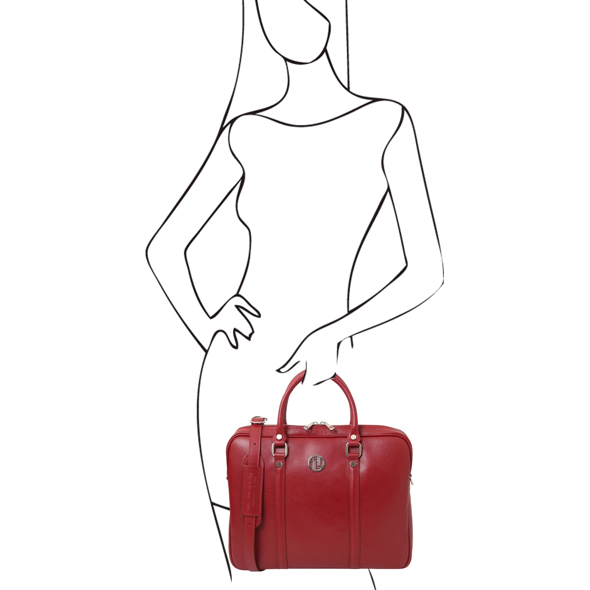 Sketch of woman holding the Prato Saffiano Italian Leather Laptop Case in red