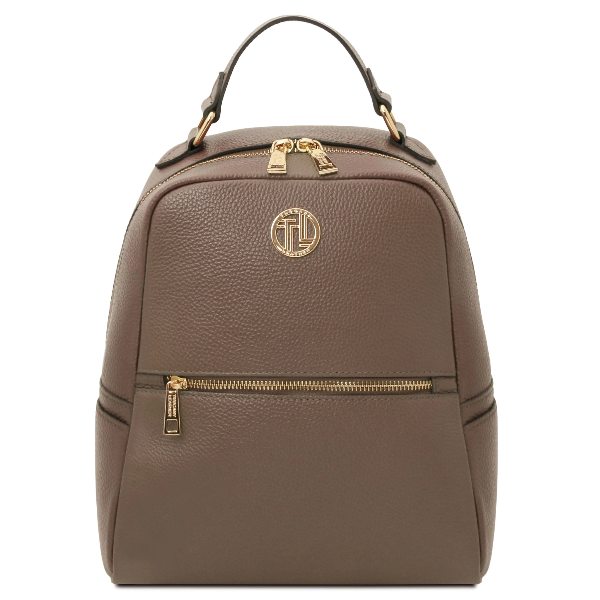 Front view Prisma Italian Soft Leather Backpack in dark taupe