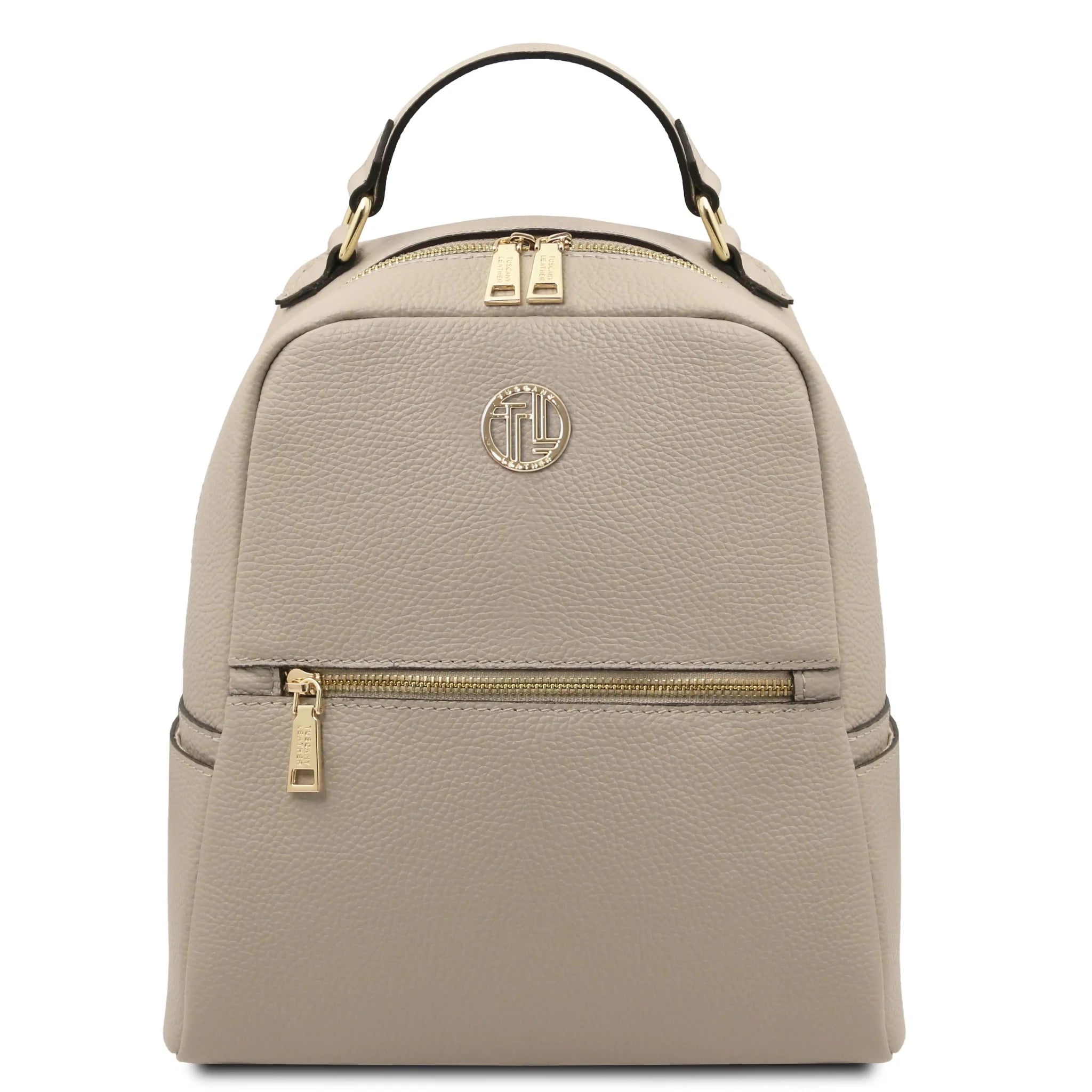 Front view Prisma Italian Soft Leather Backpack in light taupe