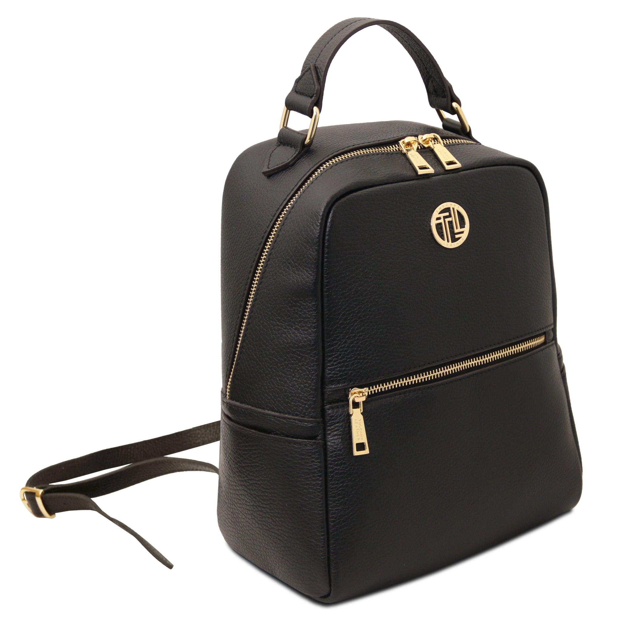 Front angled view Prisma Italian Soft Leather Backpack in black
