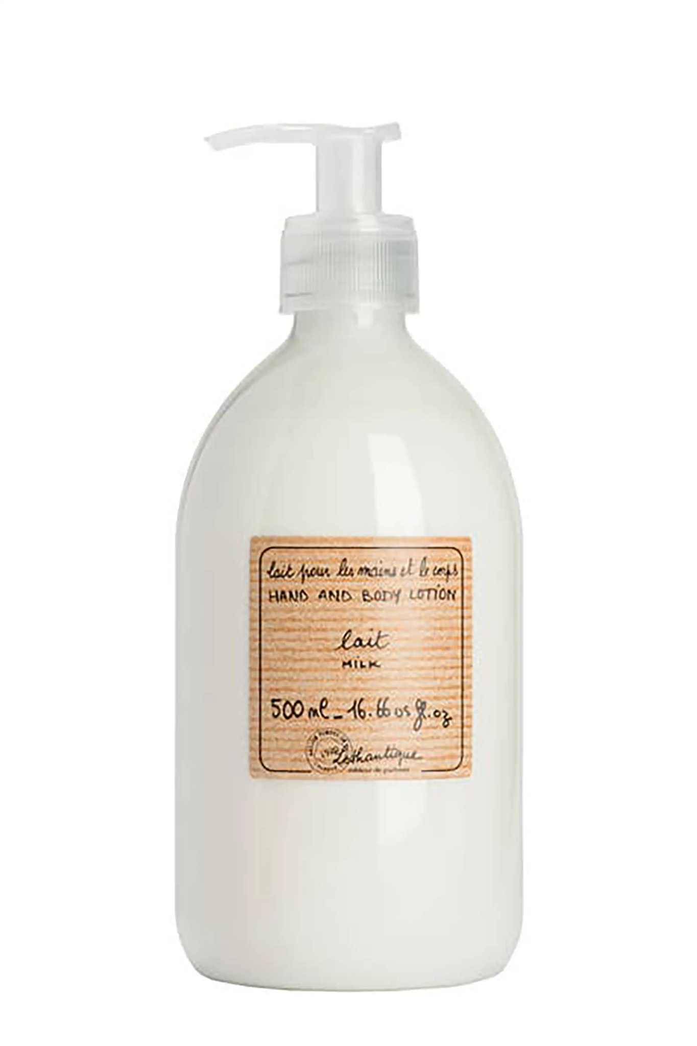 Provence Milk Hand & Body Lotion in clear bottle with gold label on white background