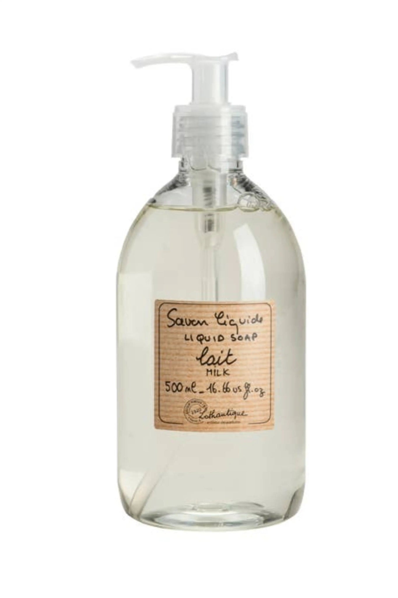 Provence Milk Liquid Soap in clear bottle with gold label on white background