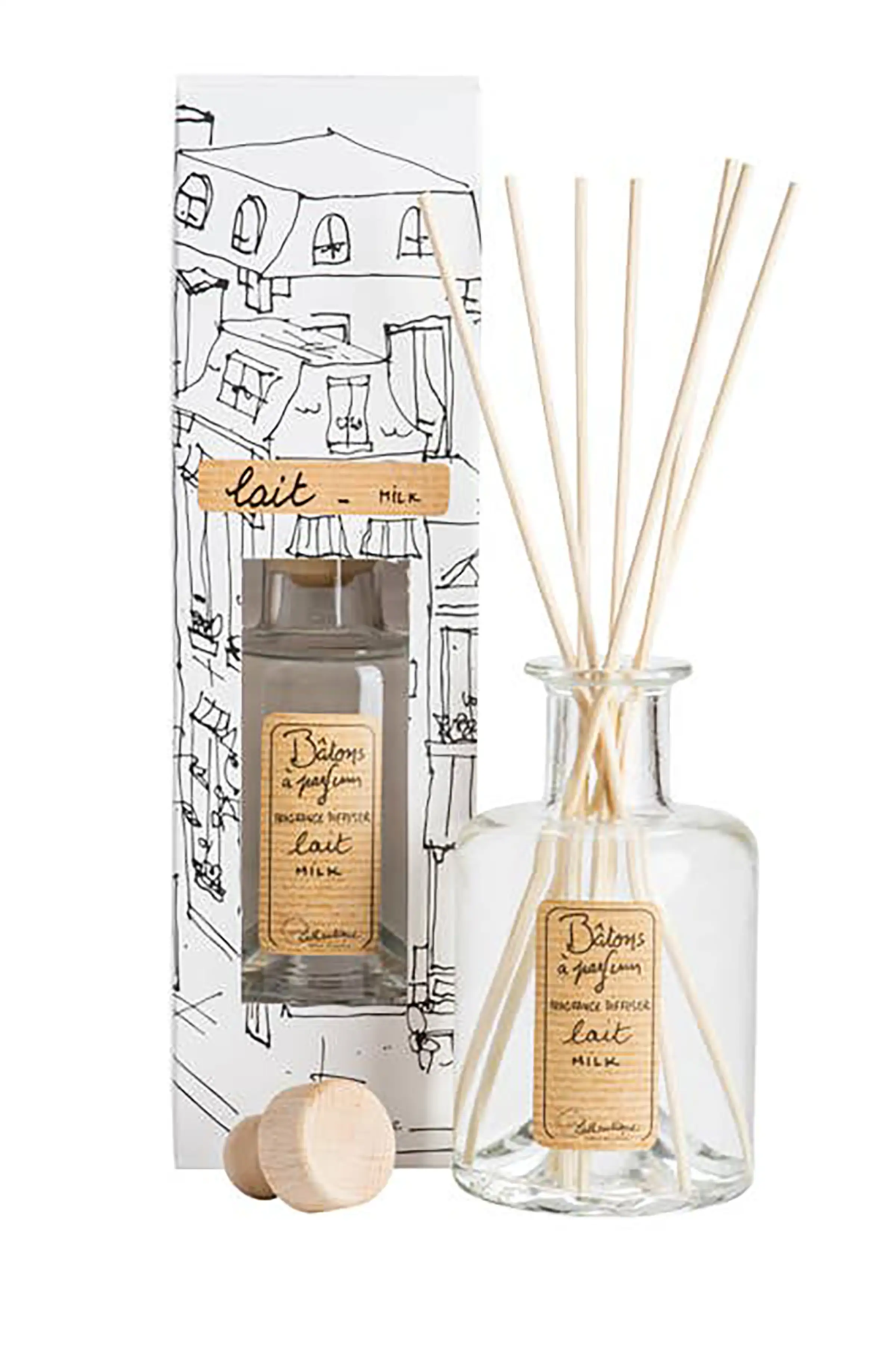 Diffuser bottle with wooden sticks and box packaging on a white background