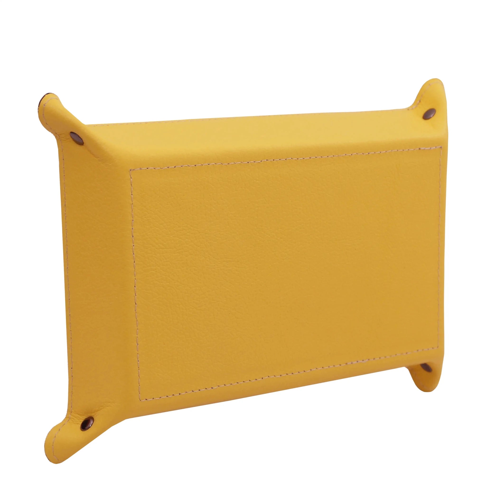 Bottom view yellow Rectangular Italian Leather Valet Tray with white stitching