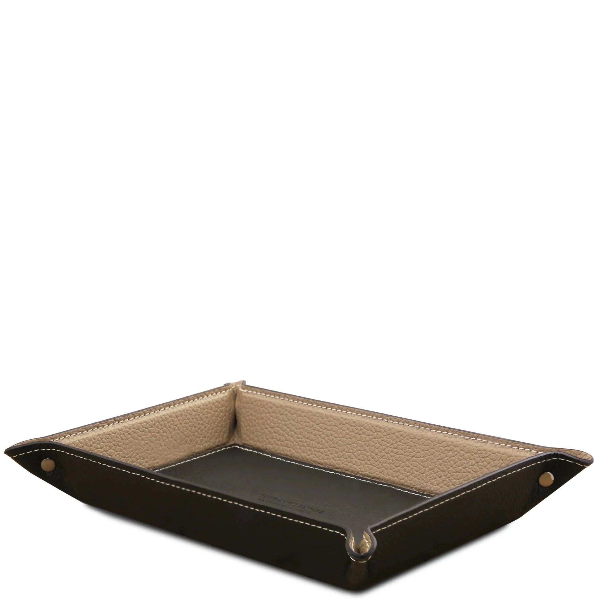 Side view black Rectangular Italian Leather Valet Tray with interior light taupe sides