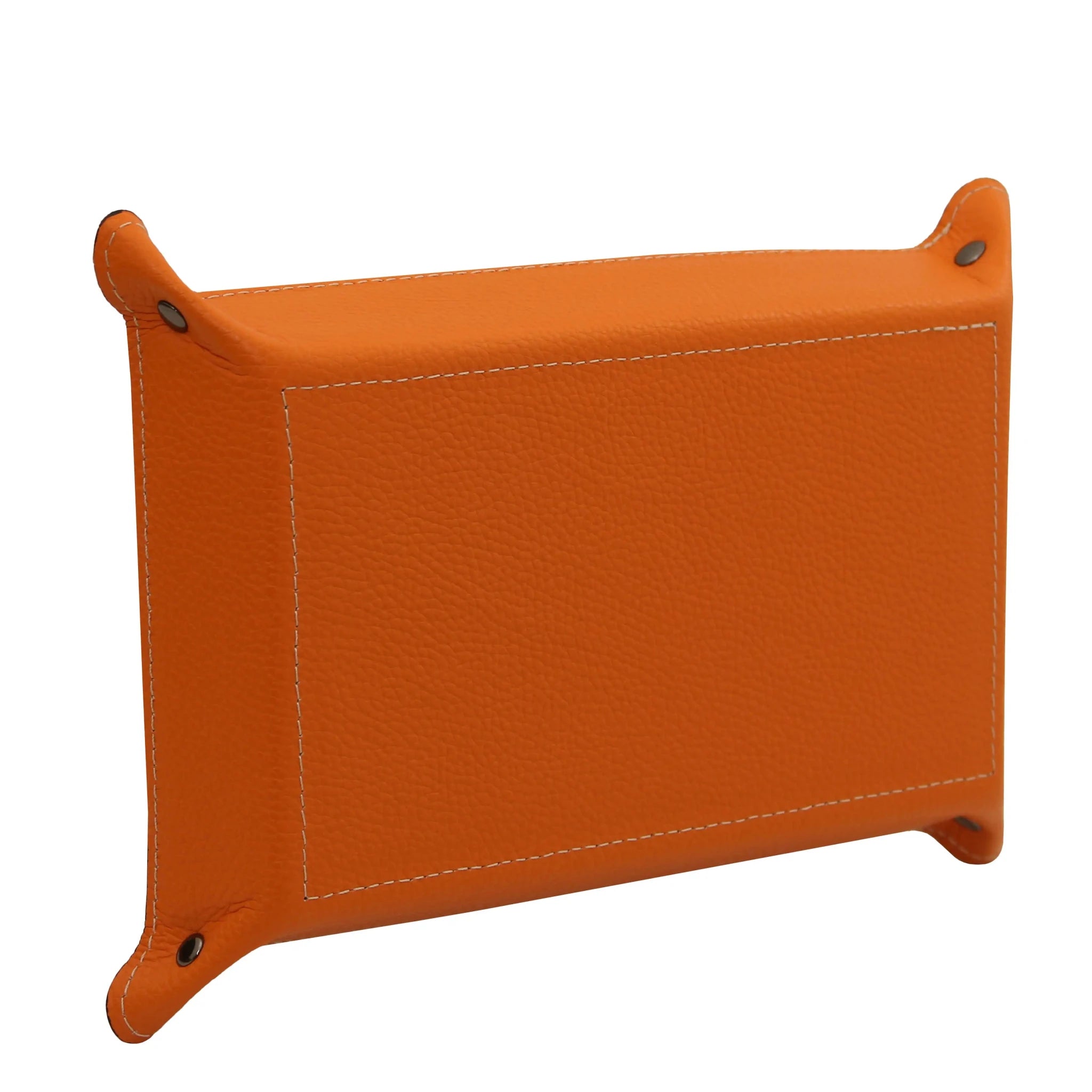 Bottom view orange Rectangular Italian Leather Valet Tray with white stitching