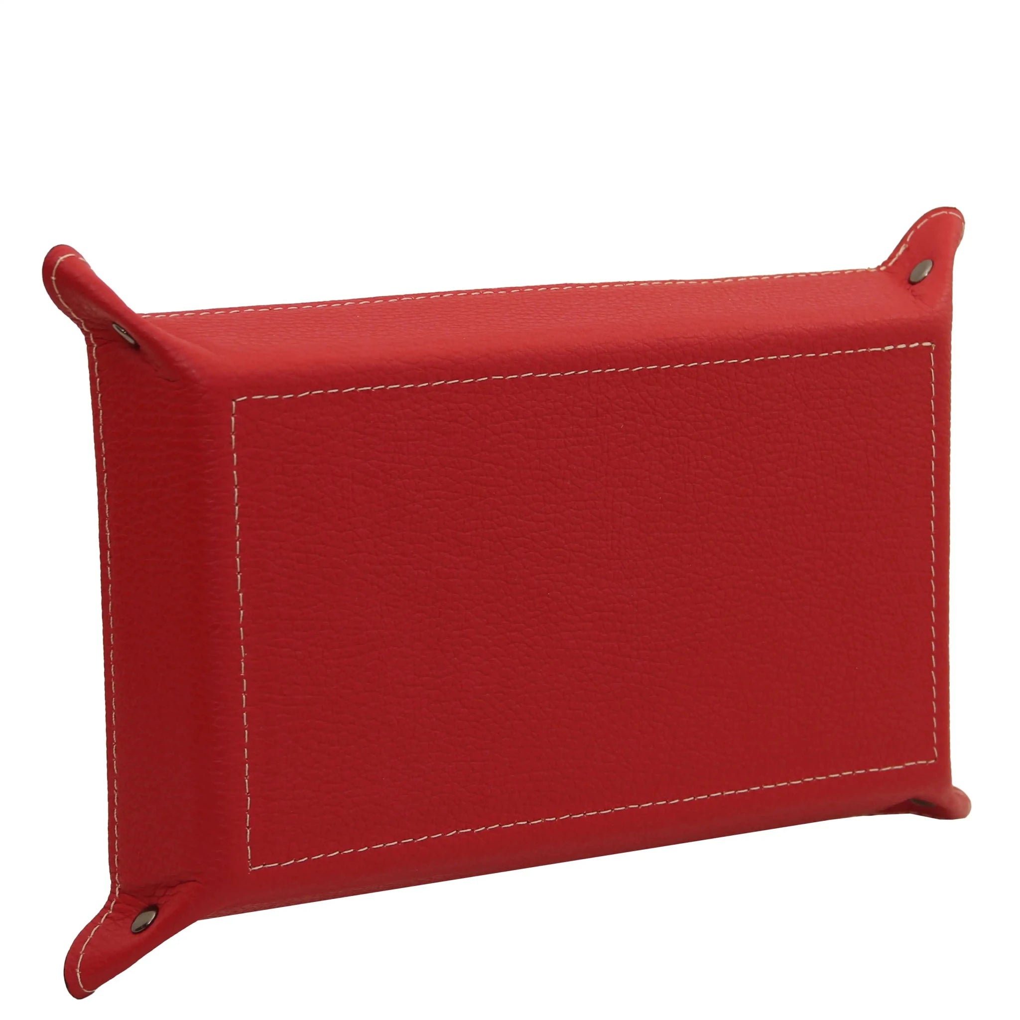Bottom view red Rectangular Italian Leather Valet Tray with white stitching