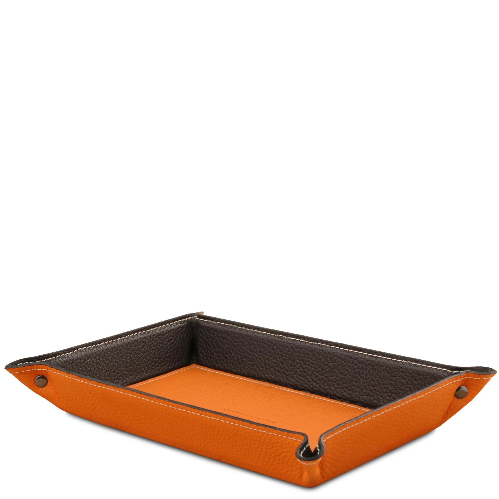 Side view orange Rectangular Italian Leather Valet Tray with interior black sides