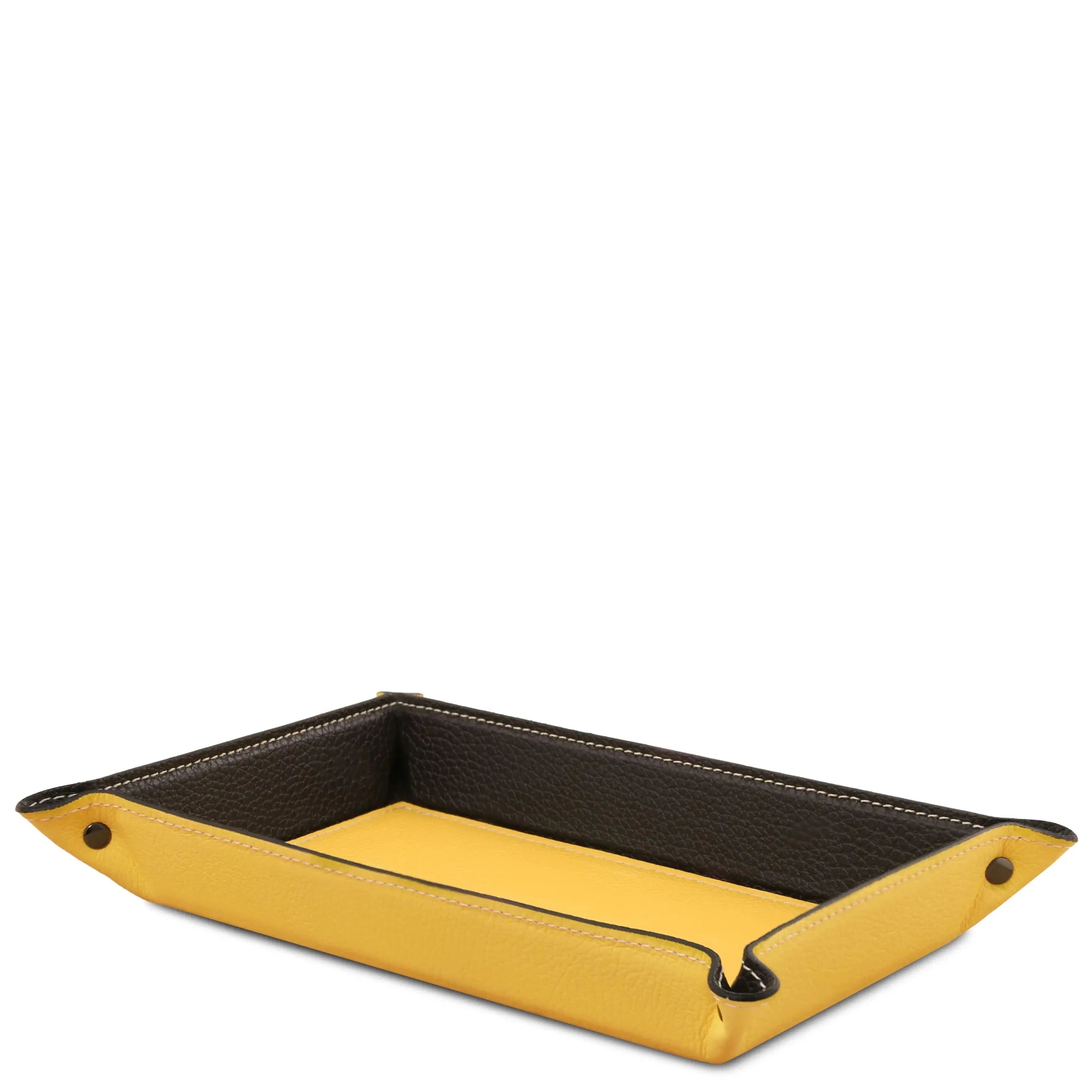 Side view yellow Rectangular Italian Leather Valet Tray with interior black sides