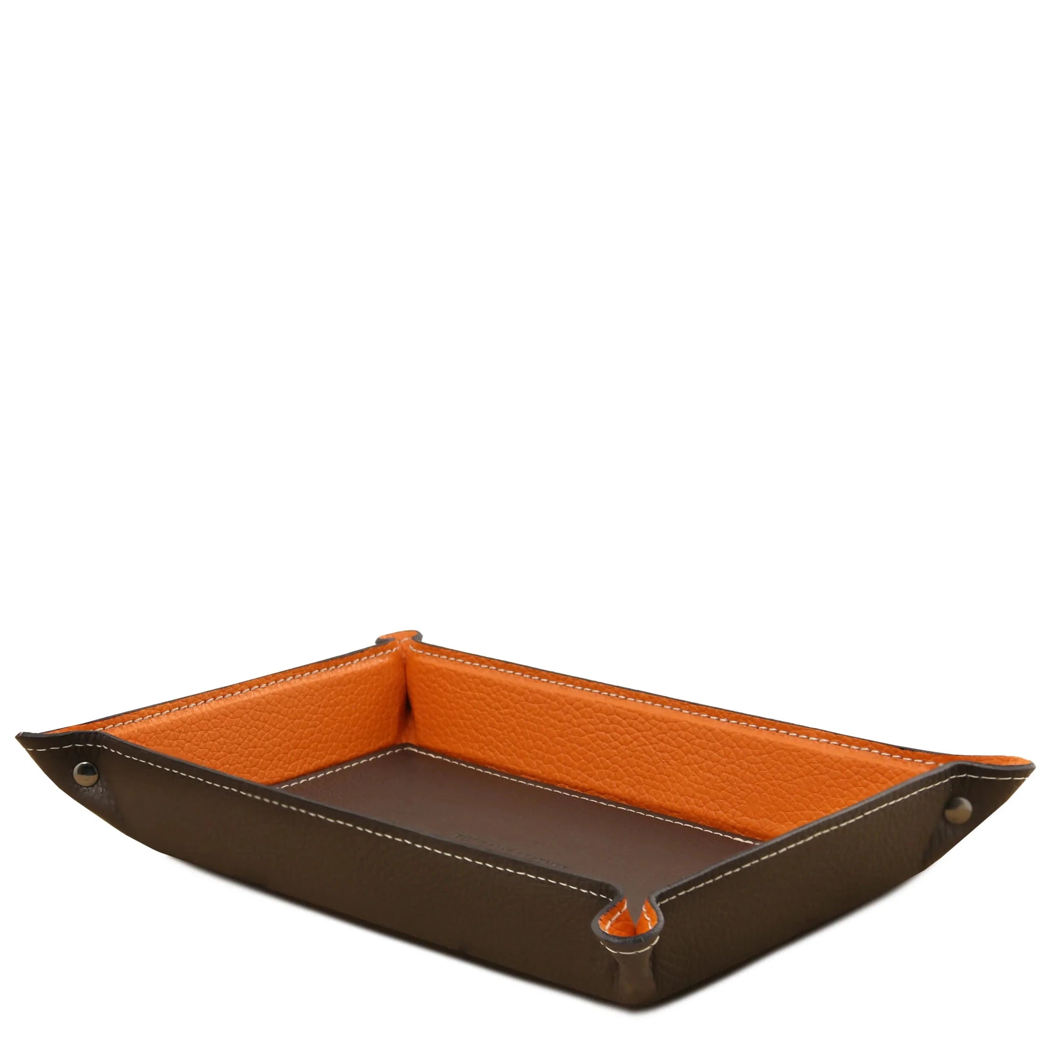 Side view dark brown Rectangular Italian Leather Valet Tray with interior orange sides