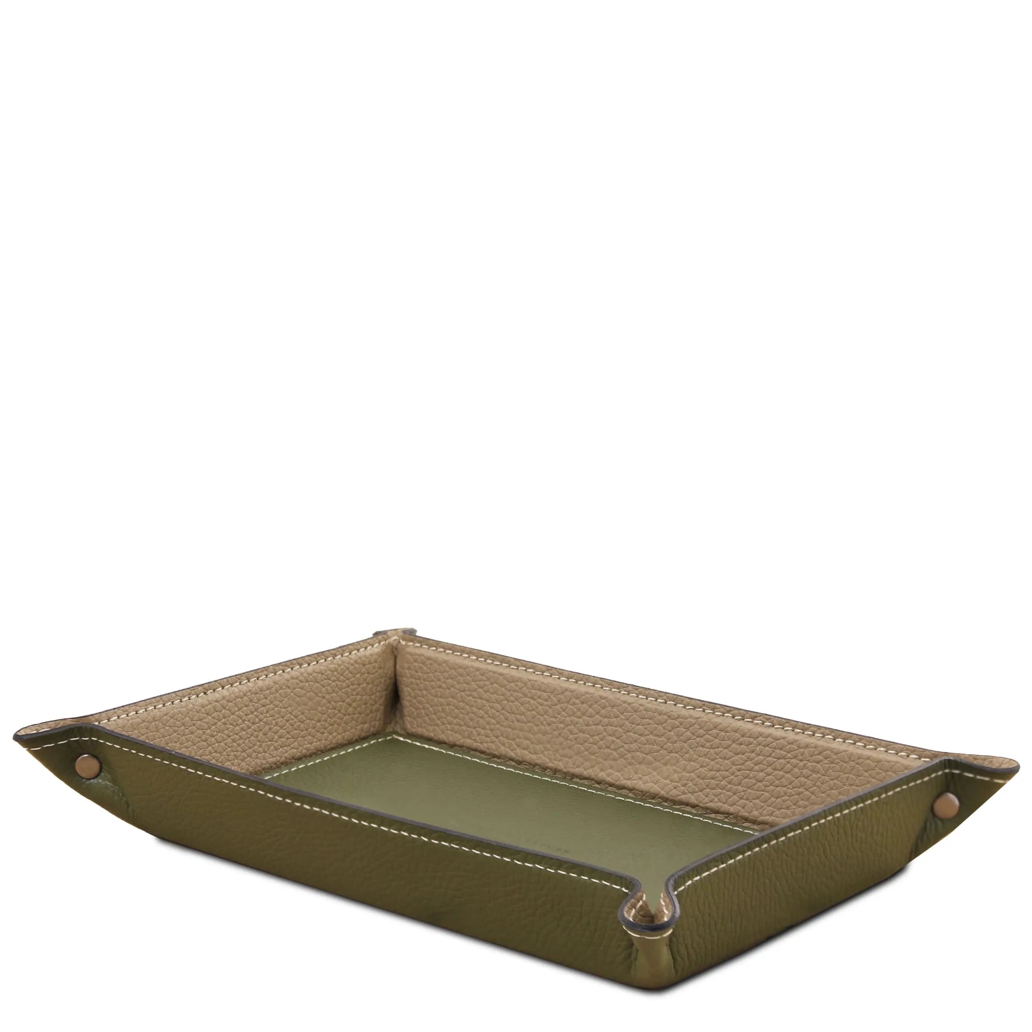 Side view olive green Rectangular Italian Leather Valet Tray with interior light taupe sides