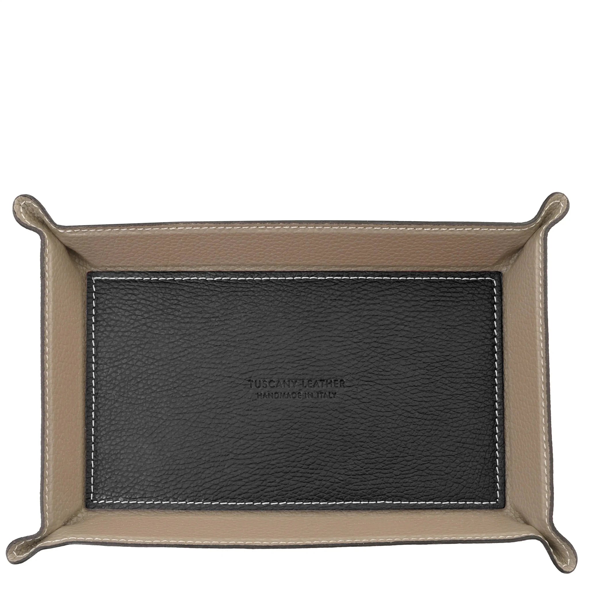 Top view black Rectangular Italian Leather Valet Tray with interior light taupe sides