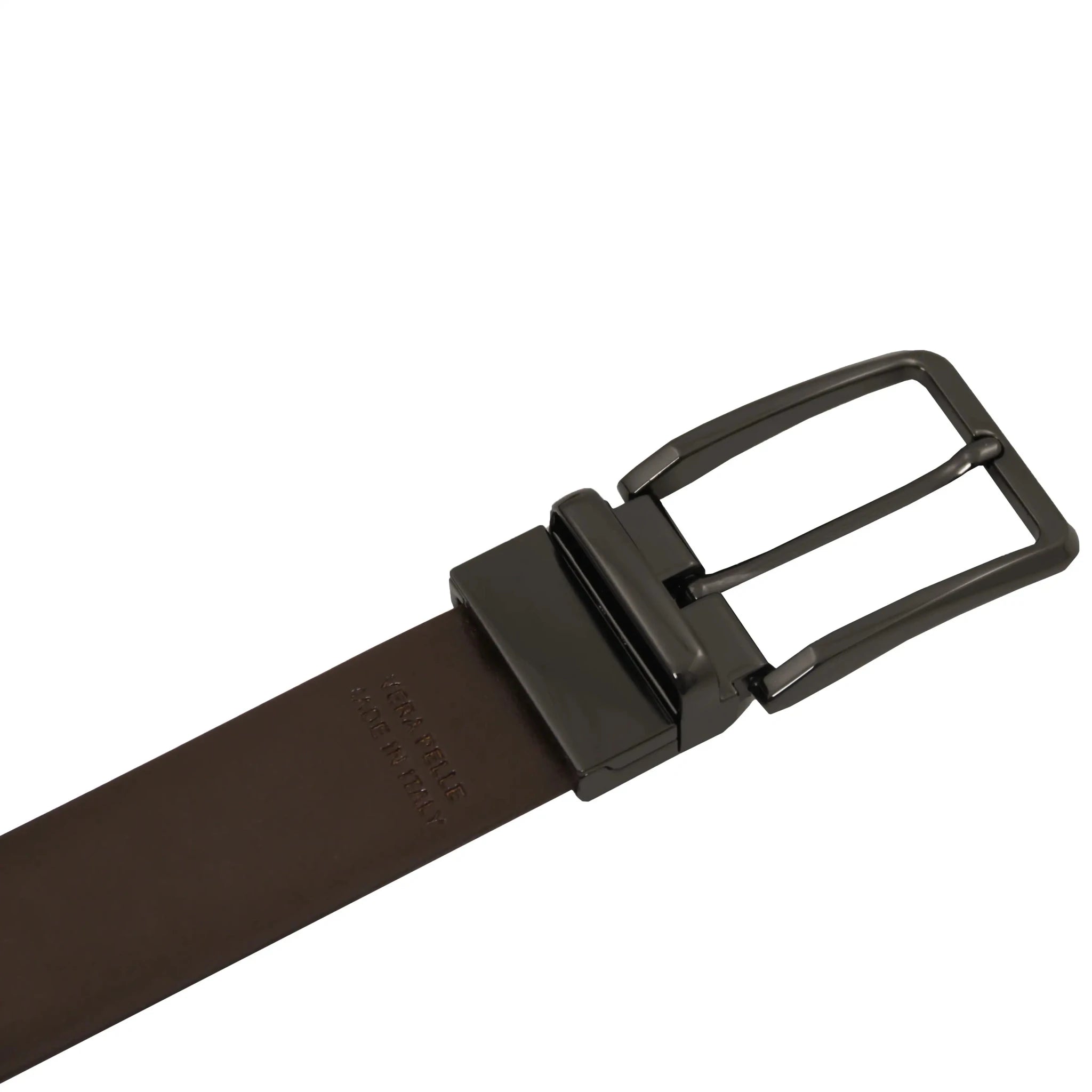 Dark Brown Side closeup Reversible Leather Belt with gunmetal buckle