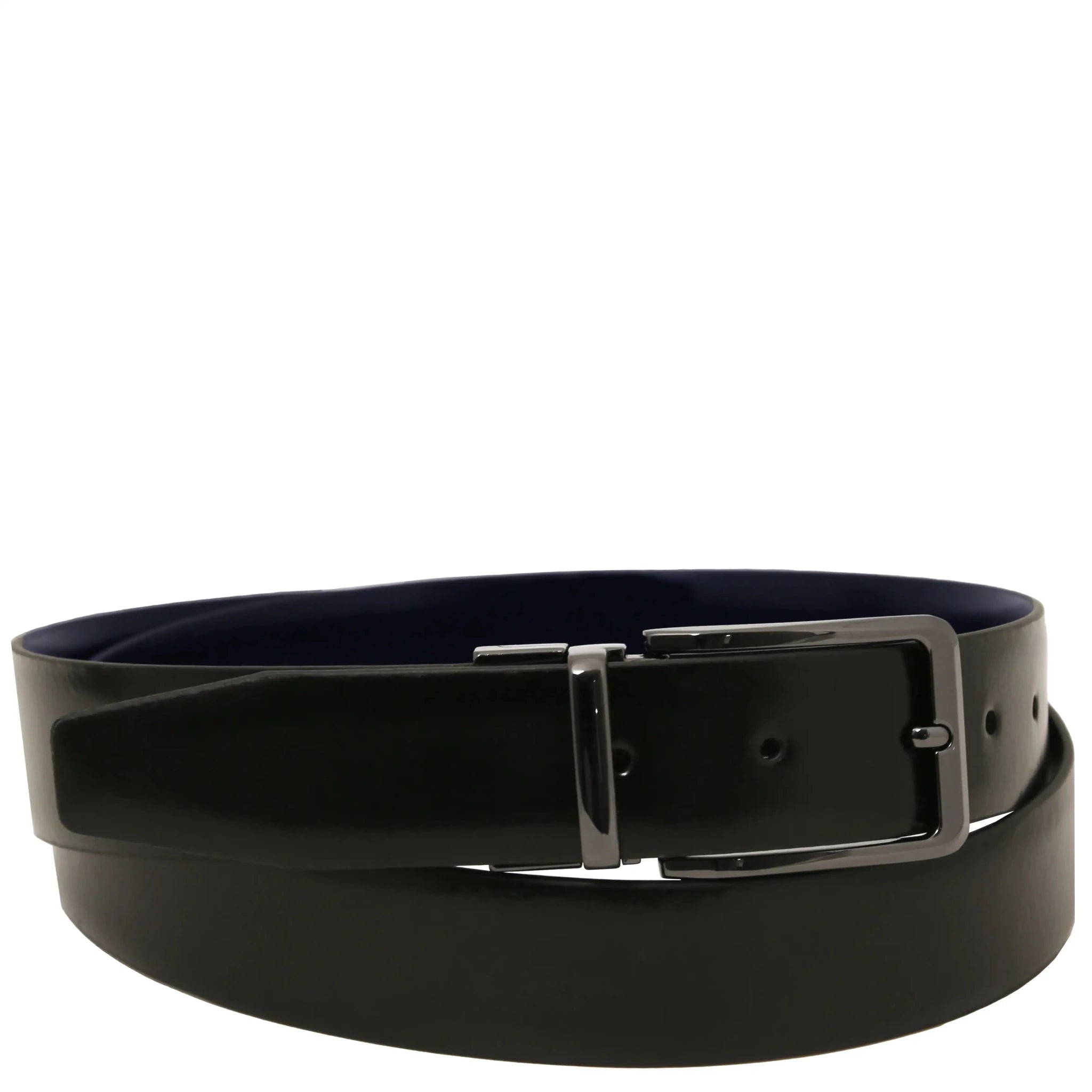 Black side of belt with gunmetal hardware on a white background