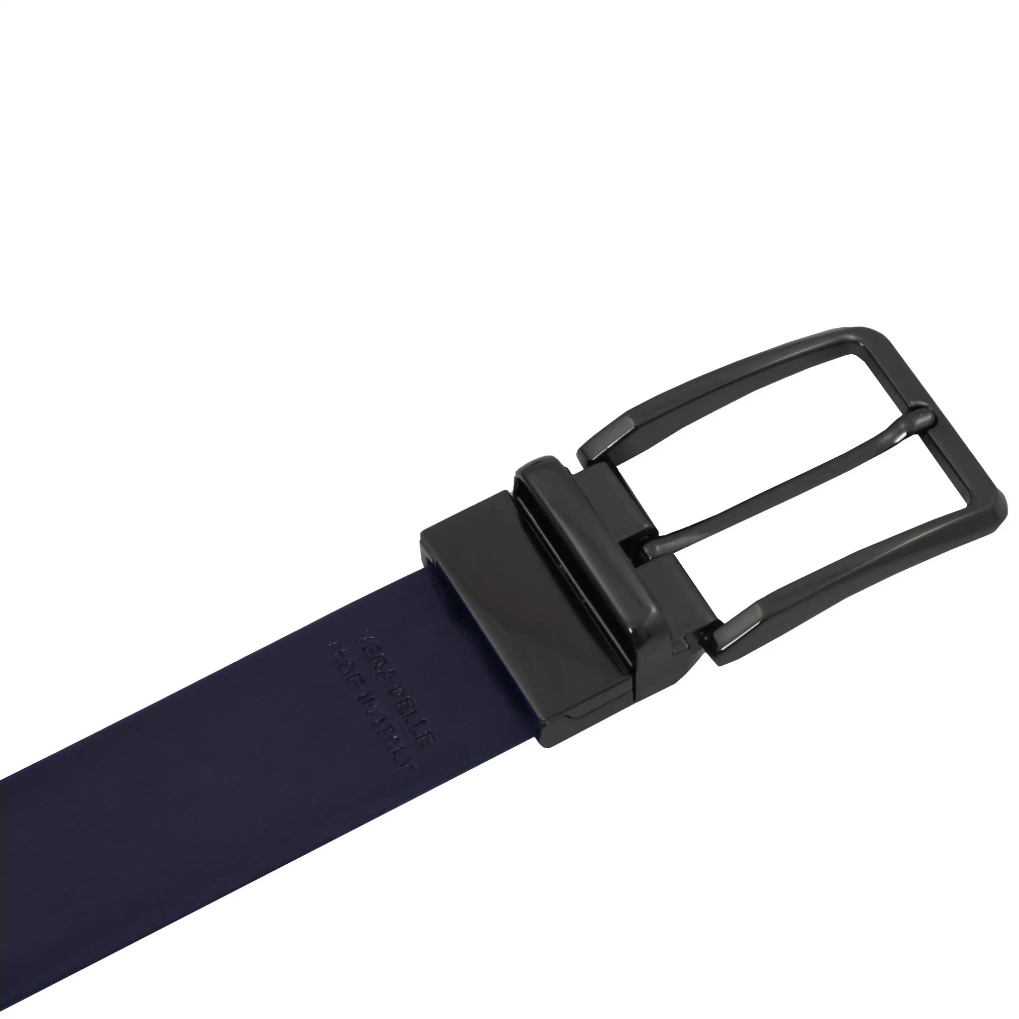 Dark blue side of belt with gunmetal buckle on a white background