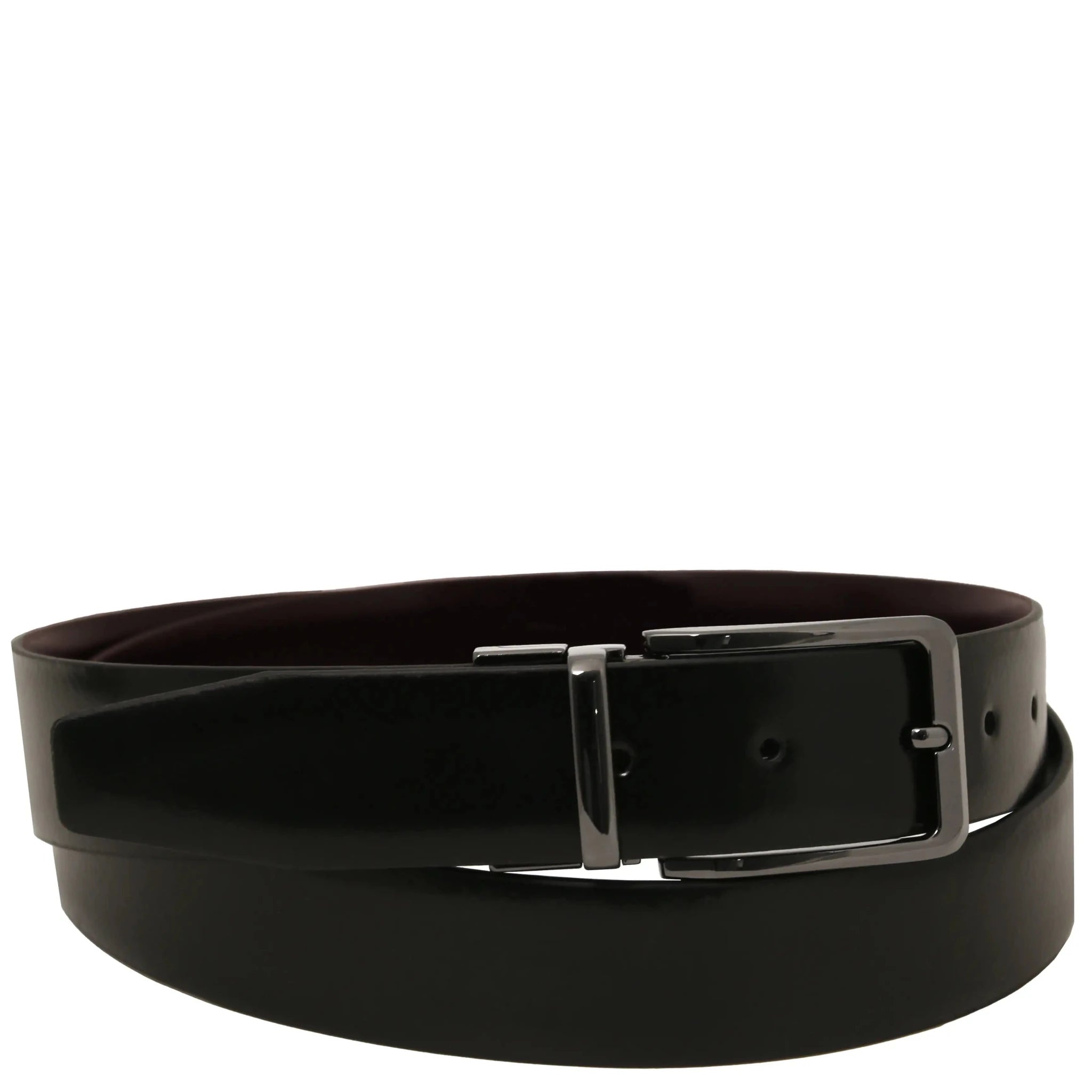 Front view Black belt side with a gun metal buckle on a white background