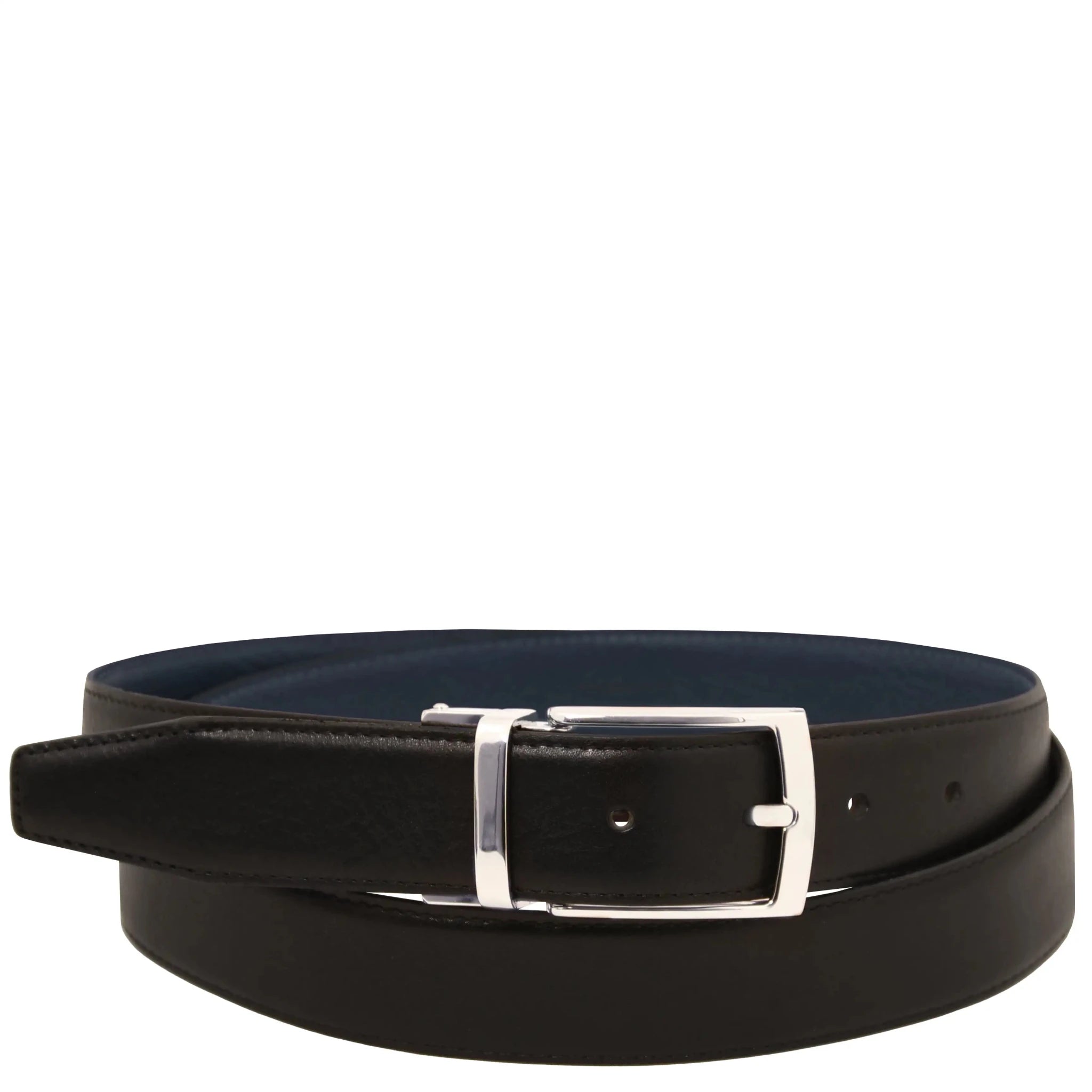 Front view Reversible Italian Leather Belt in black with dark blue reverse side